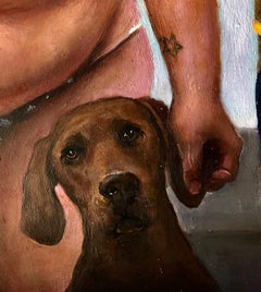 Trick or Treat, Figures in Various Costume and a Dog, Oil on Panel, Framed