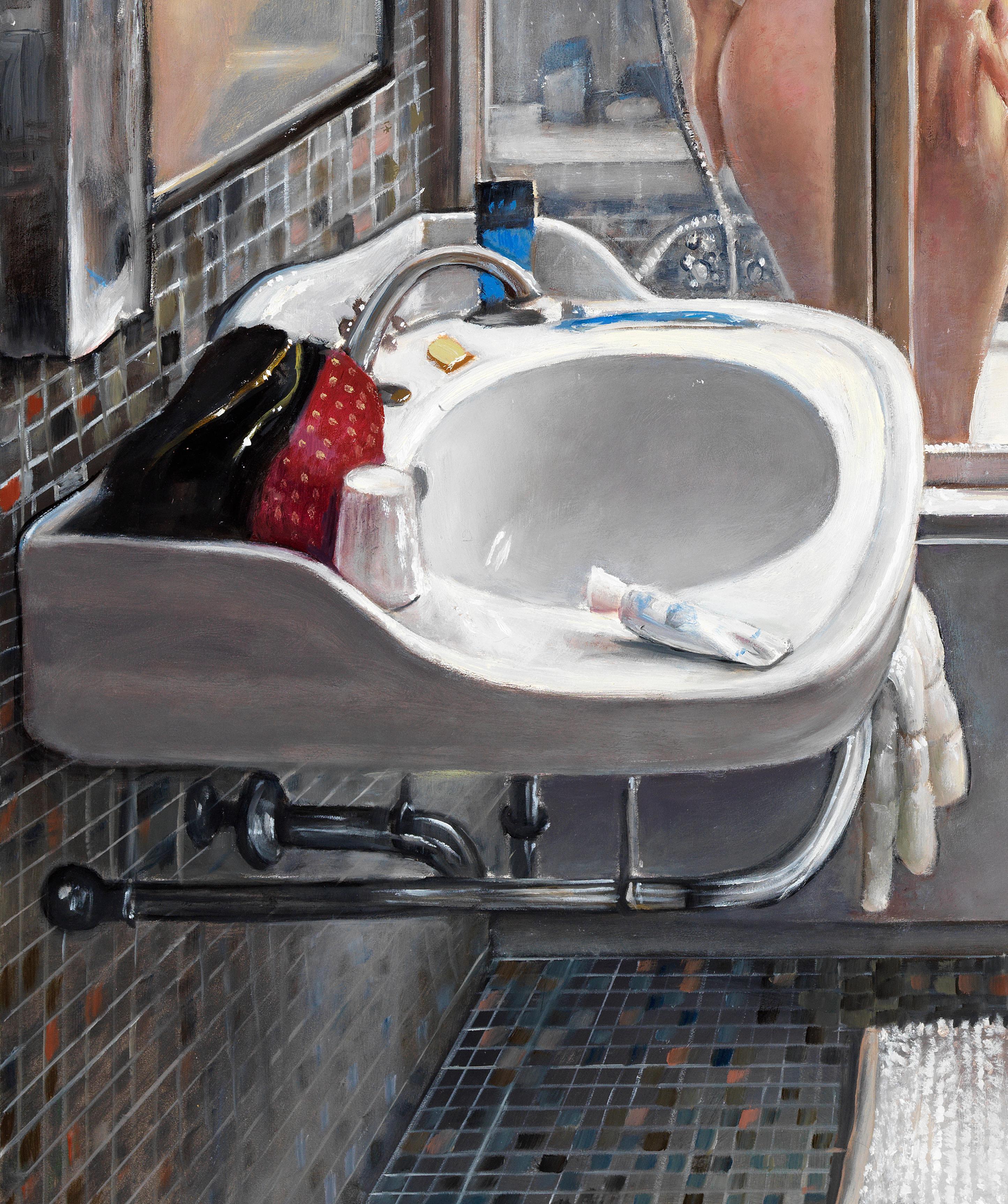 Shower vénitien  Woman Nude Showering in Tiled Bath, peinture à l'huile originale - Contemporain Painting par Bruno Surdo