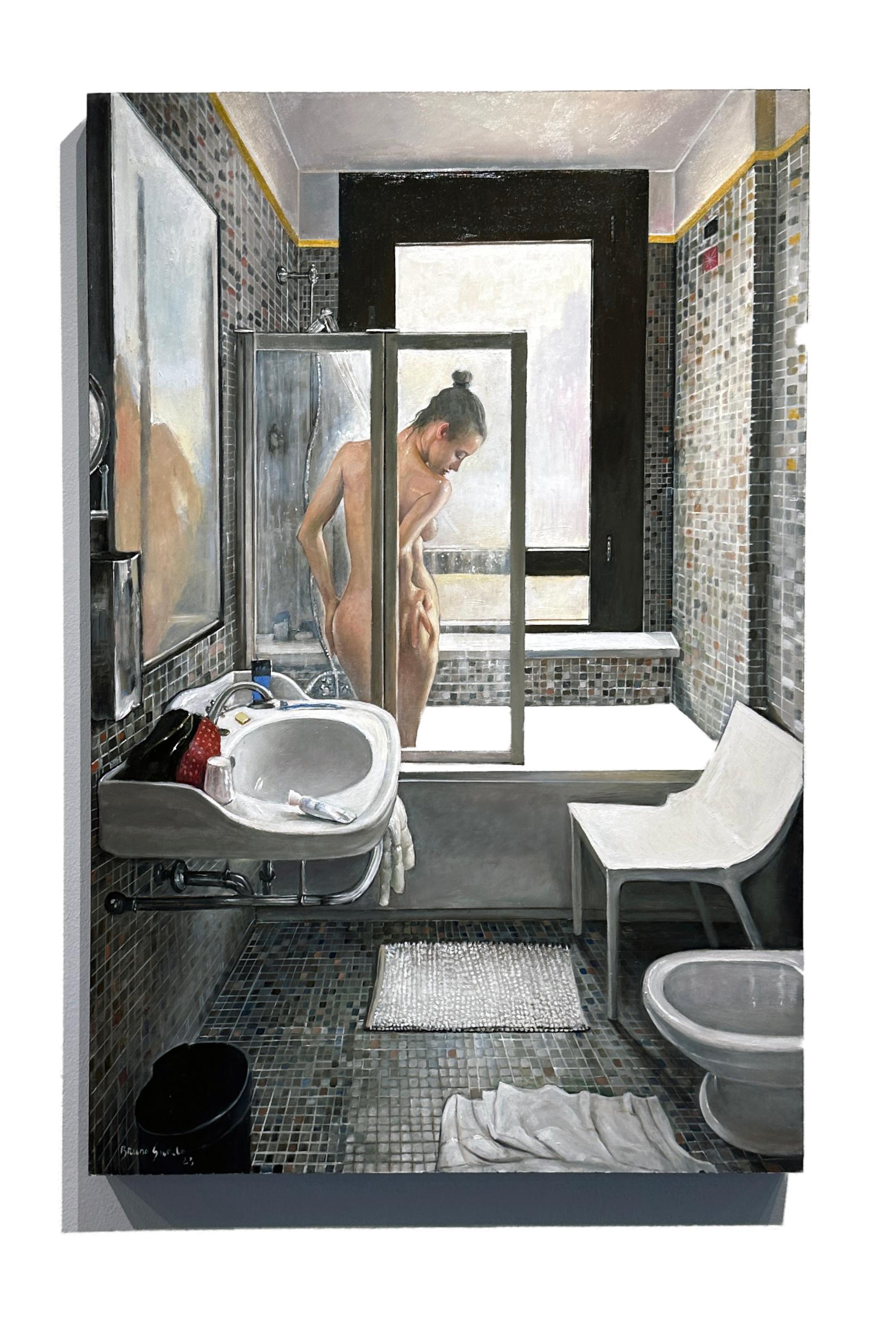 An unsuspecting woman showers in a small tiled bath somewhere in Venice.  This intimate portrait is painted on panel with a black trimmed edges therefore not requiring framing.  Please contact the gallery for framing options.

Bruno Surdo
Venetian