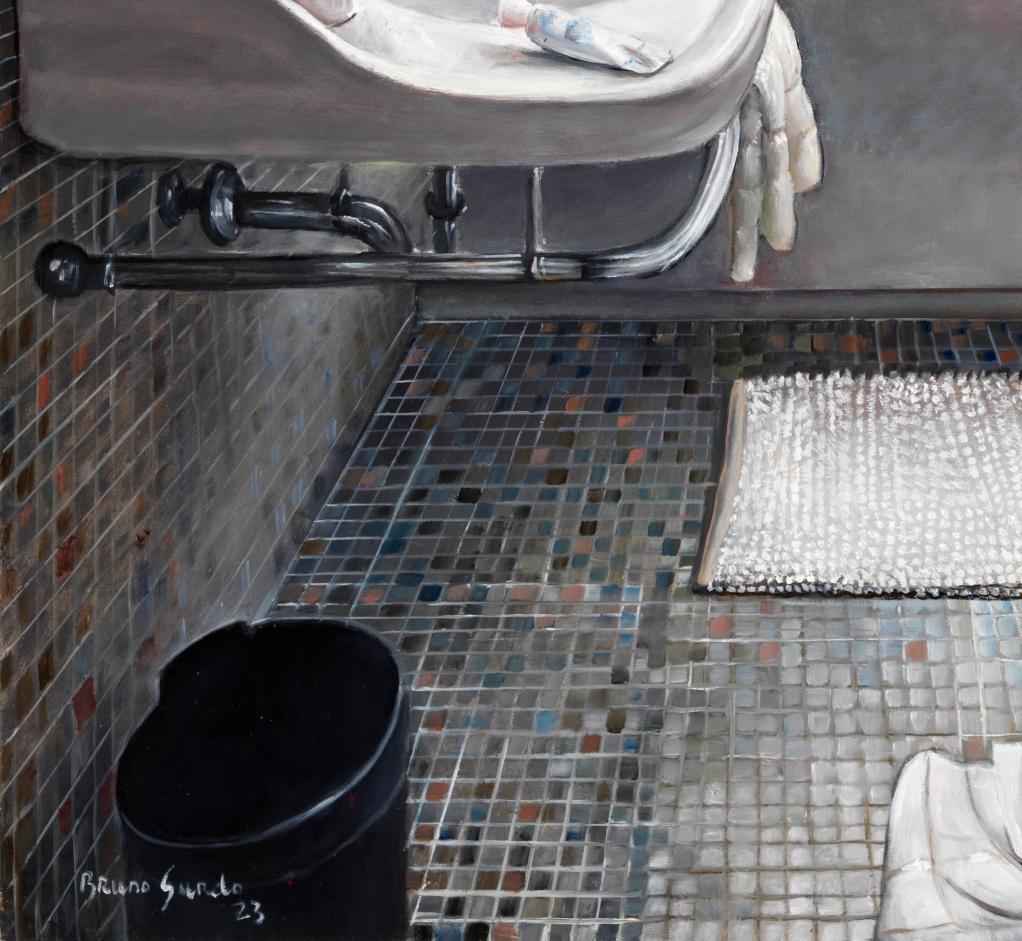 Venetian Shower -  Nude Woman Showering in Tiled Bath, Original Oil Painting For Sale 1