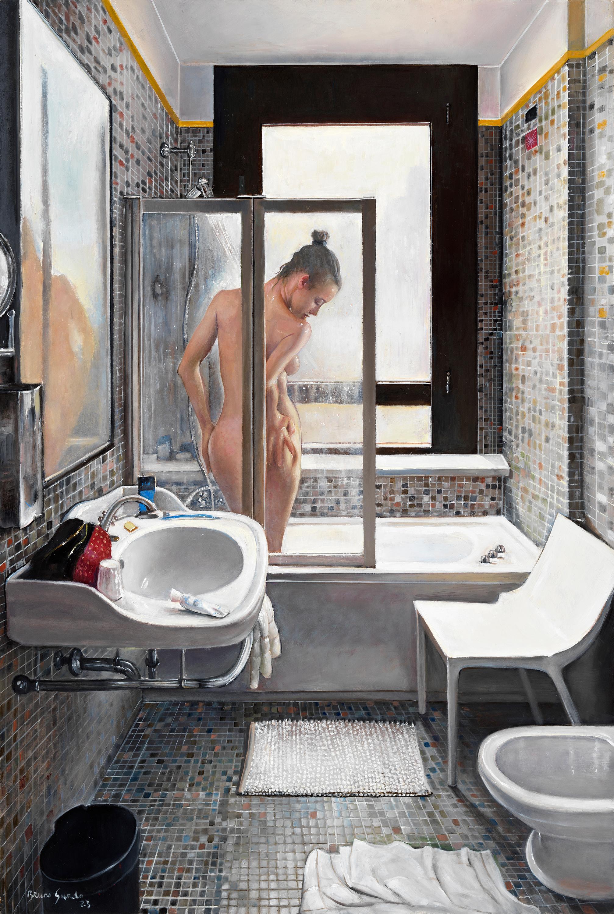 Bruno Surdo Nude Painting - Venetian Shower -  Nude Woman Showering in Tiled Bath, Original Oil Painting