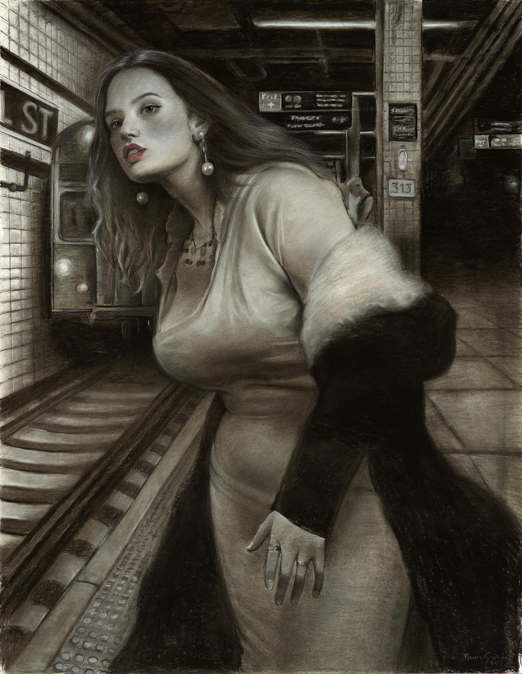 Bruno Surdo Figurative Art - Waiting for the Express, Female Figure in the New York Subway, Charcoal on Paper