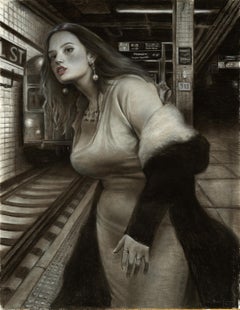 Waiting for the Express, Female Figure in the New York Subway, Charcoal on Paper