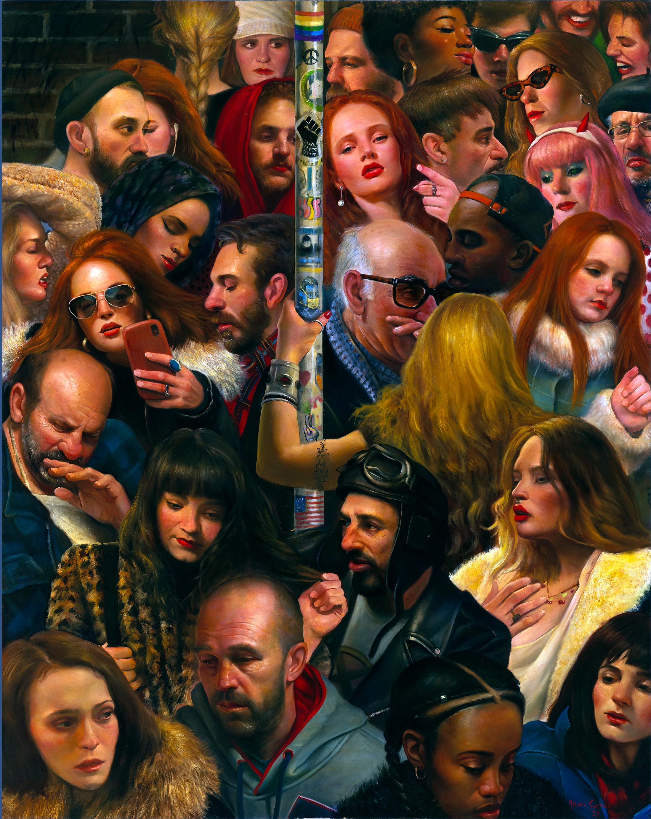 Bruno Surdo Figurative Painting - We Are All Connected, Original Oil on Canvas Painting On Crowded Street Corner