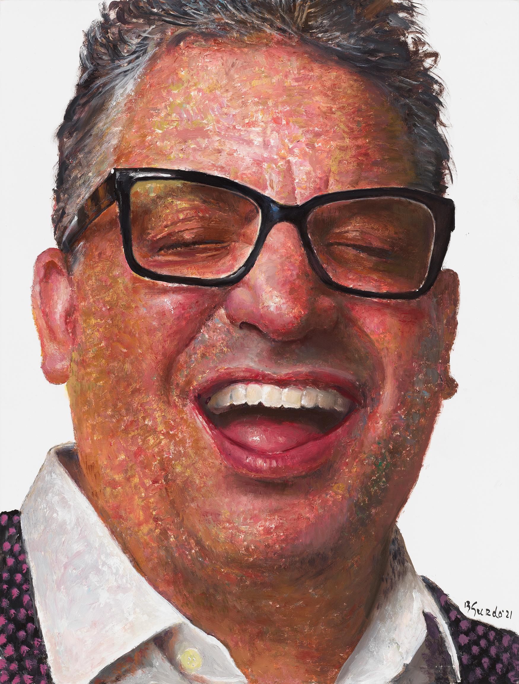 Portrait Painting Bruno Surdo - Qu'est-ce qu'il se fait de si drôle ? - Portrait d'un homme riant, huile sur toile d'origine