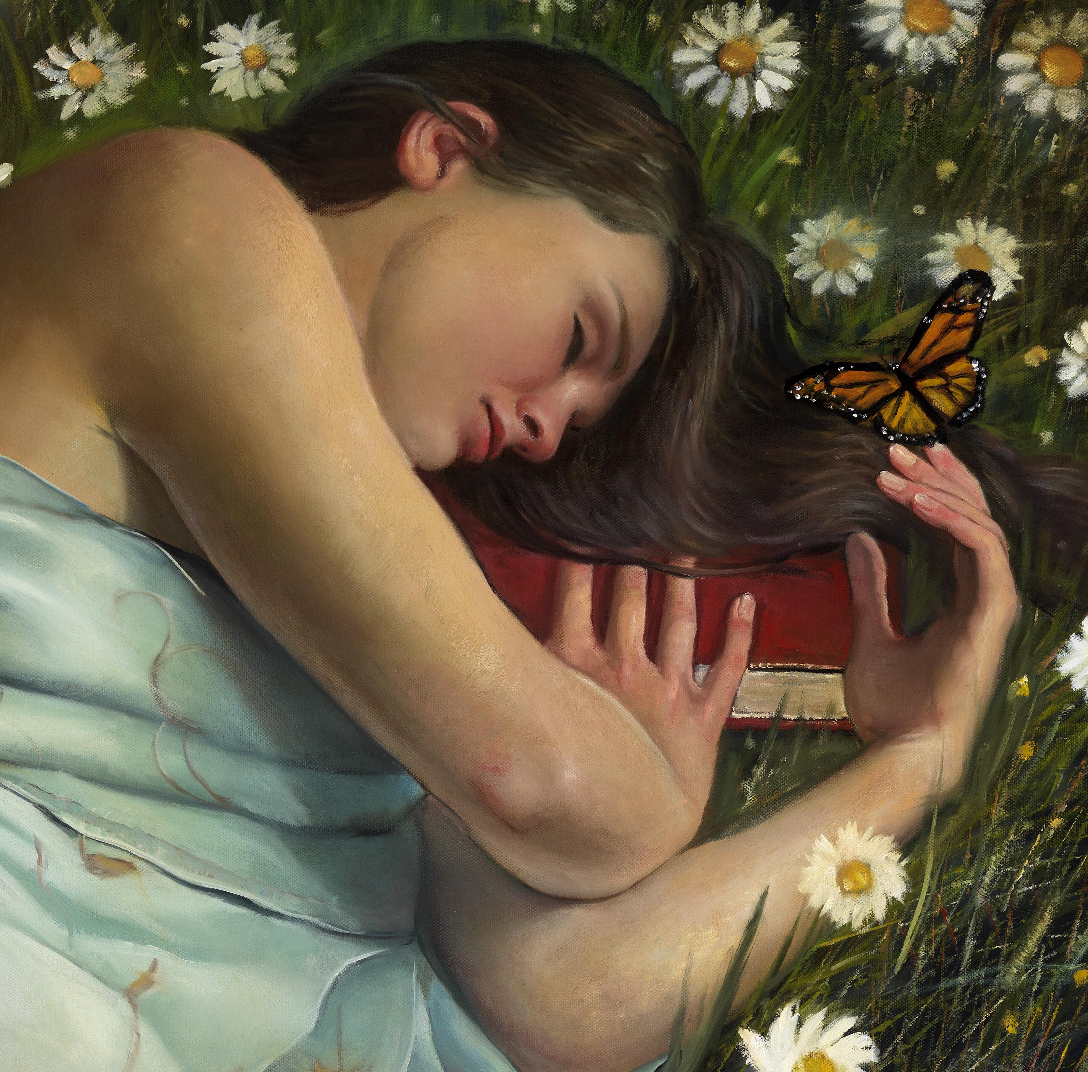 Whispers of a Dreamer - Woman Asleep in Field of Daisies, peinture à l'huile originale - Painting de Bruno Surdo