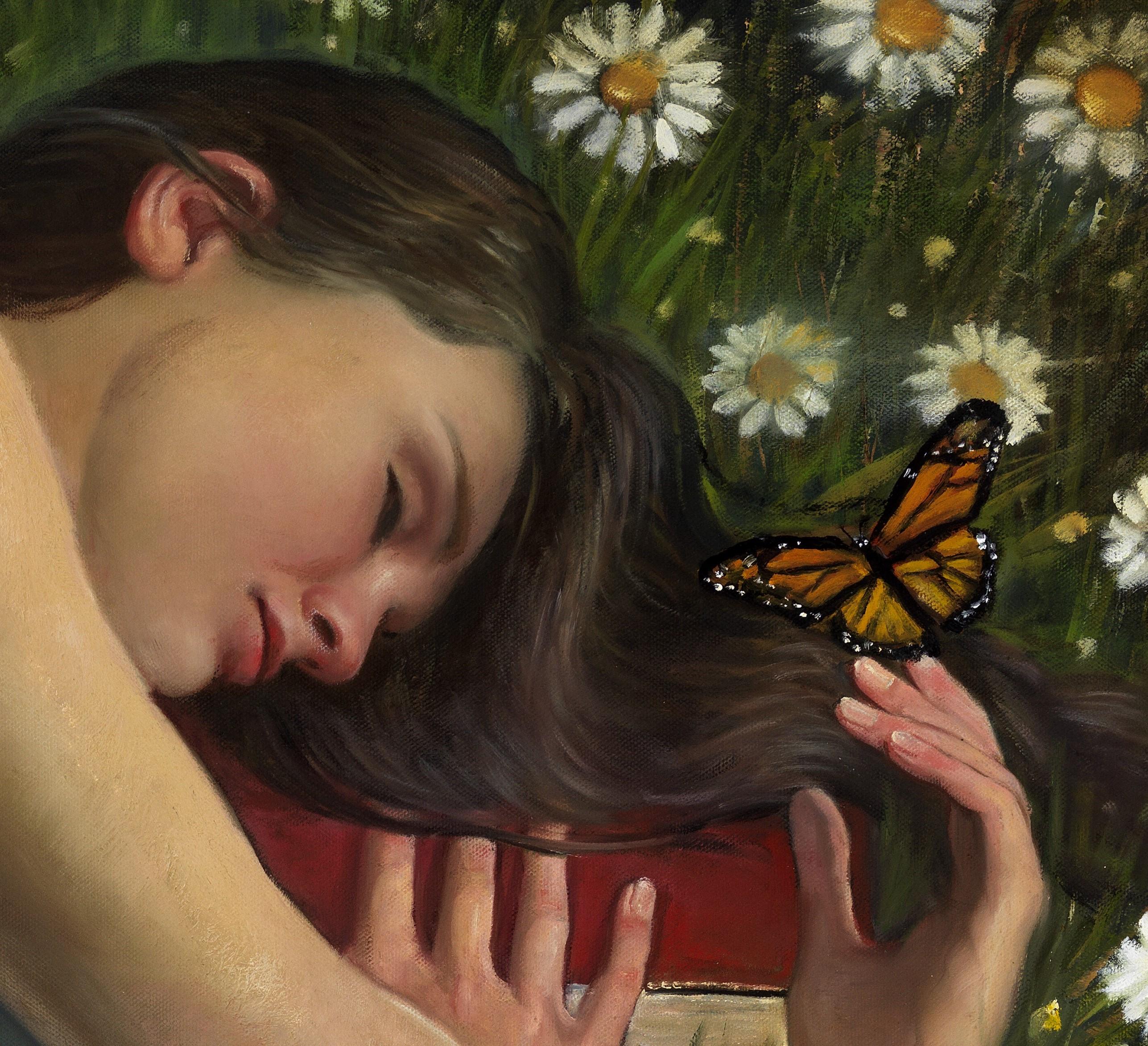 Whispers of a Dreamer - Woman Asleep in Field of Daisies, peinture à l'huile originale - Contemporain Painting par Bruno Surdo