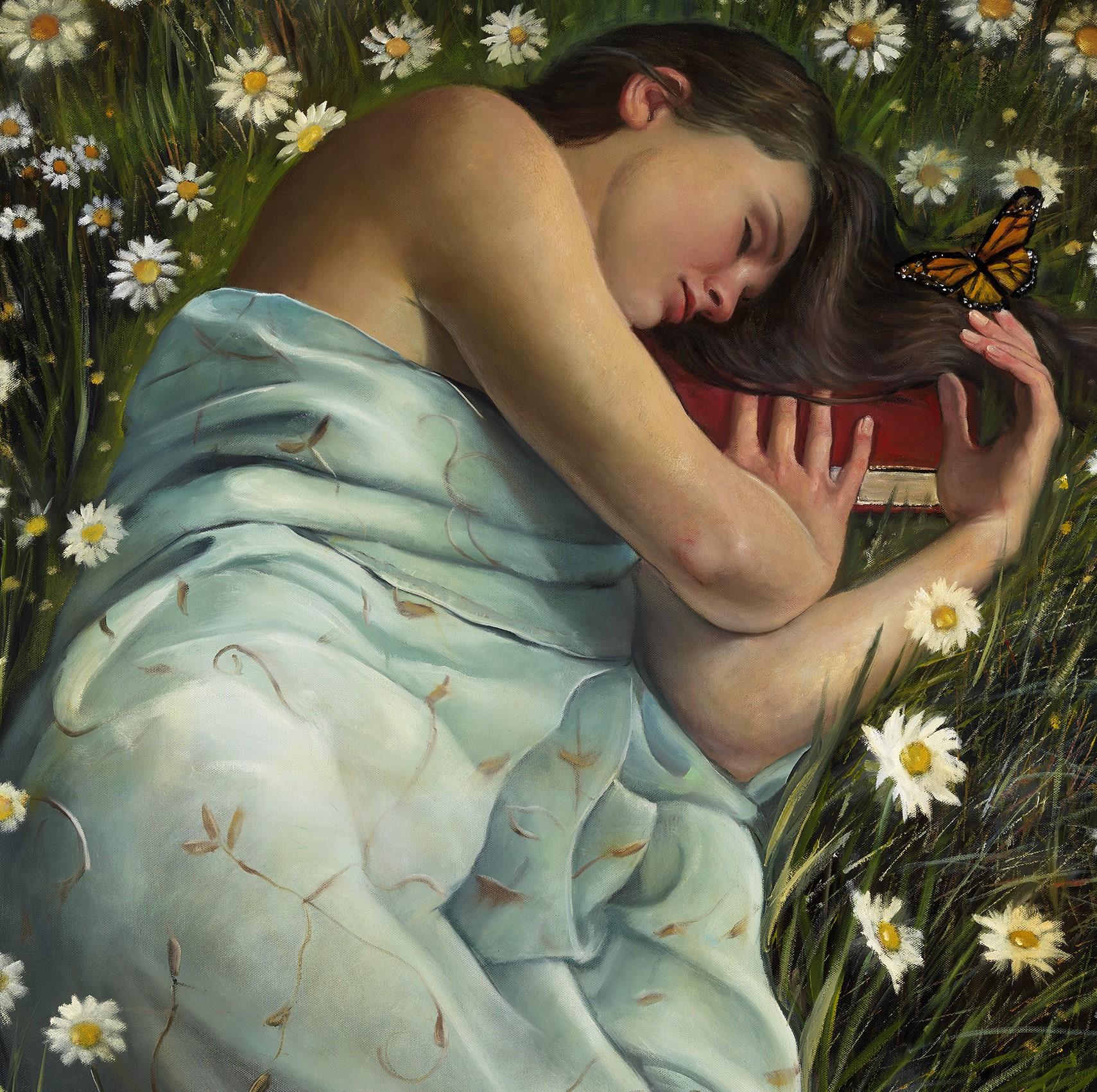 Whispers of a Dreamer - Woman Asleep in Field of Daisies, Original Oil Painting For Sale 1