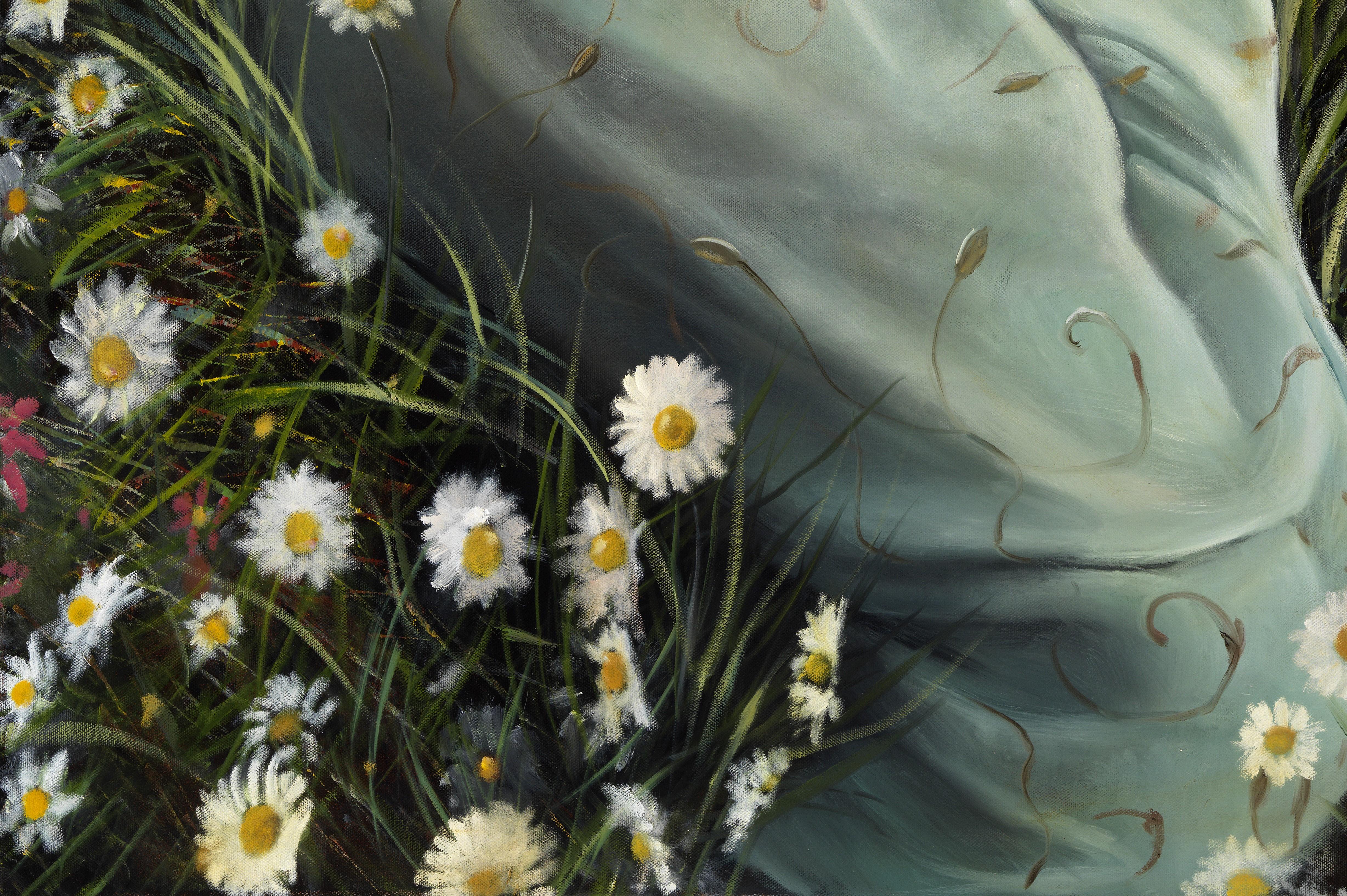 A woman lay sleeping in a field of daisies, her book discarded by her side. The softness of her skin, the flowing fabric of her dress combined with the flowers make a serene and peaceful scene. This intimate portrait is painted with a black trimmed