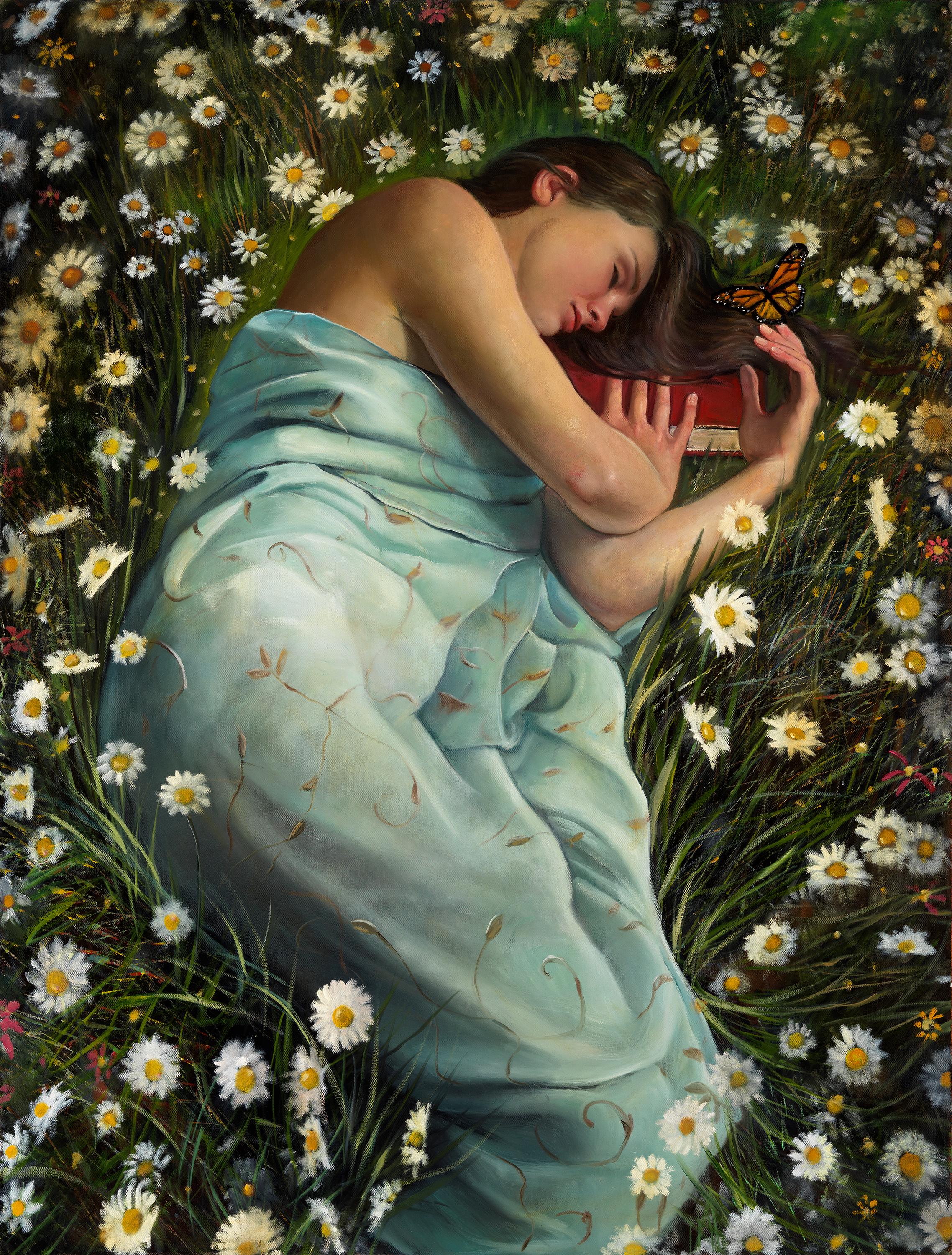 Bruno Surdo Figurative Painting - Whispers of a Dreamer - Woman Asleep in Field of Daisies, Original Oil Painting