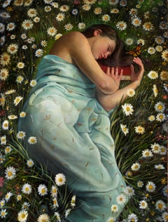 Whispers of a Dreamer - Woman Asleep in Field of Daisies, Original Ölgemälde