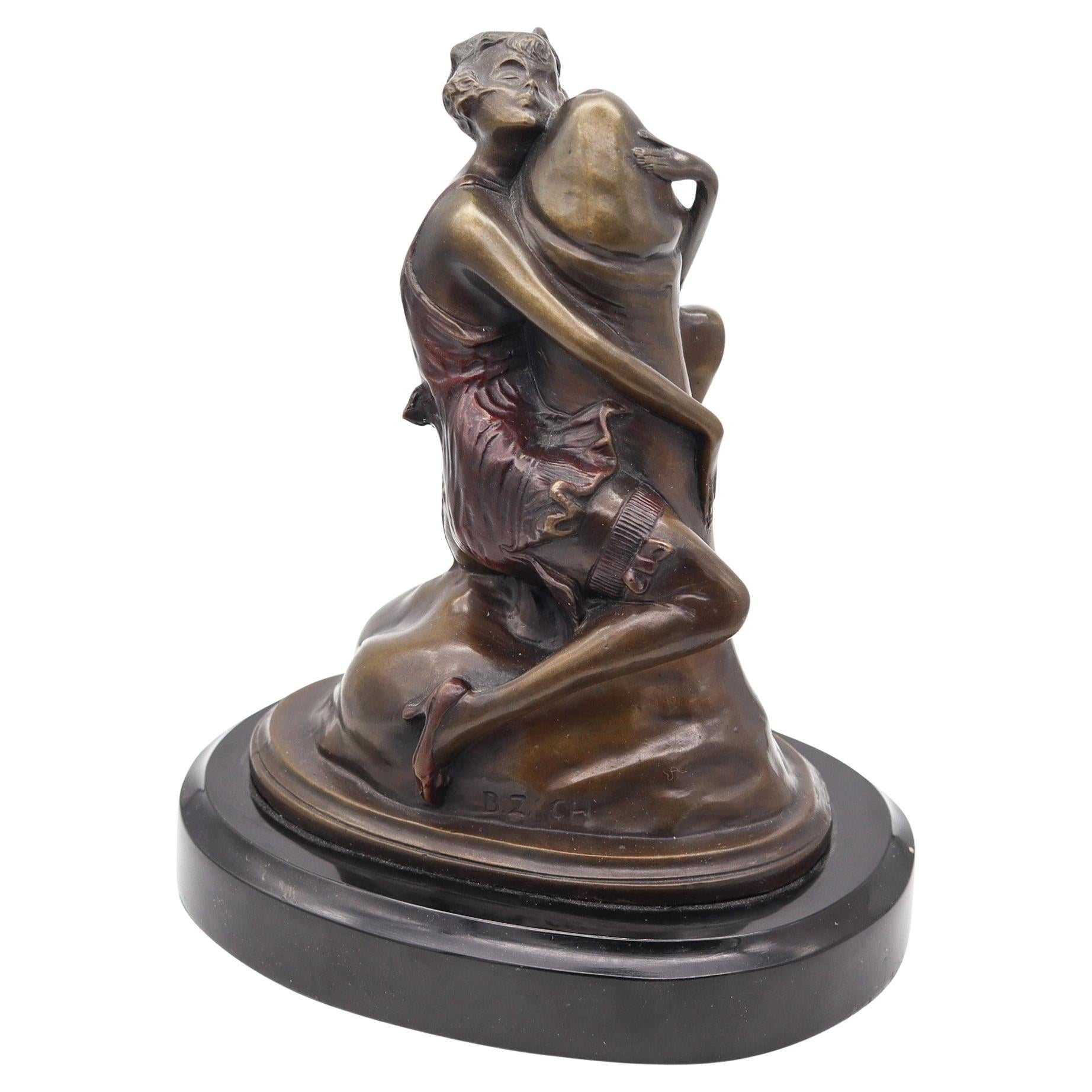 BRUNO ZACH 1930 Austria Art-Deco The Hugger Erotic Sculpture In Bronze & Marble For Sale