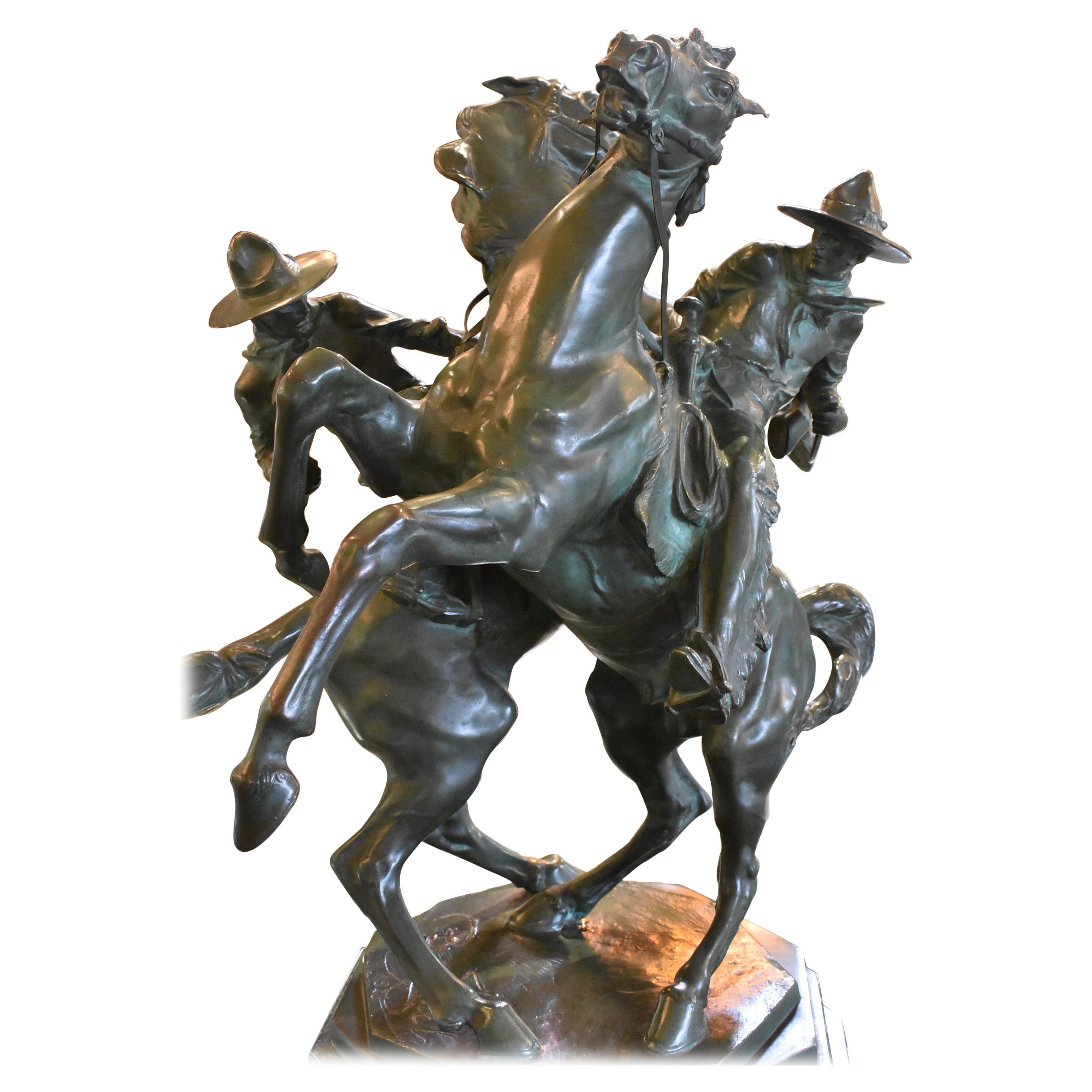 Bruno Zach: Bronzeskulptur, Pferde und Cowboys „Chevaux en Cabriole“ signiert 1923