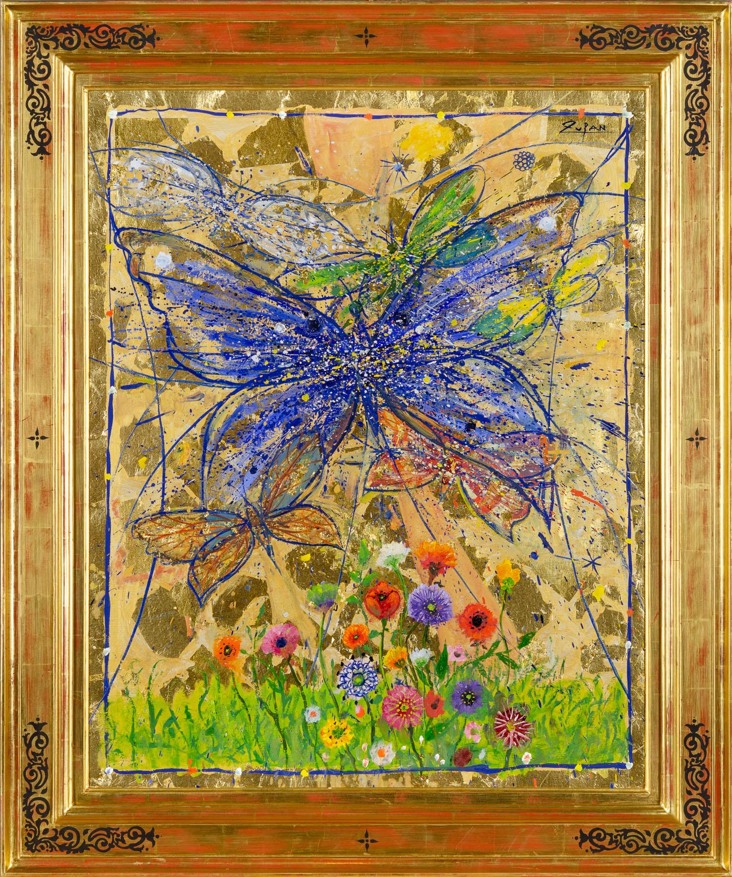 Papillons et fleurs, or - Contemporain Painting par Bruno Zupan