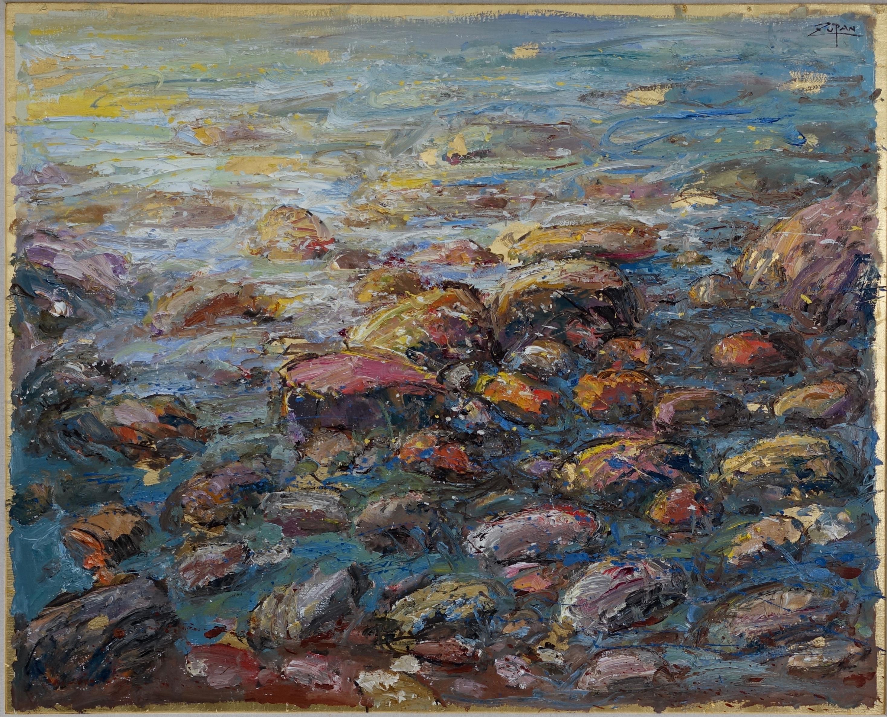 Bruno Zupan Landscape Painting - "Shore with Colored Stones"
