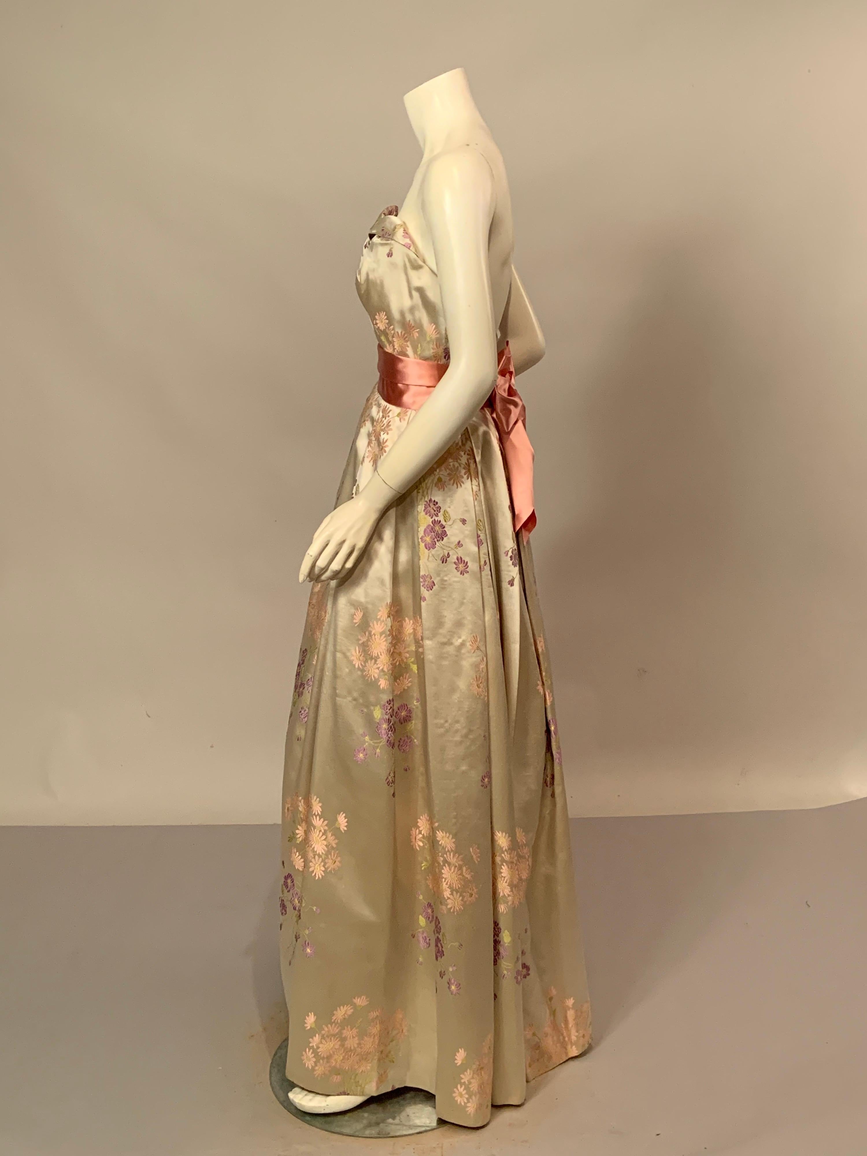 Brunot Souers, Cannes France Woven Floral Silk Satin Evening Gown circa 1950 5