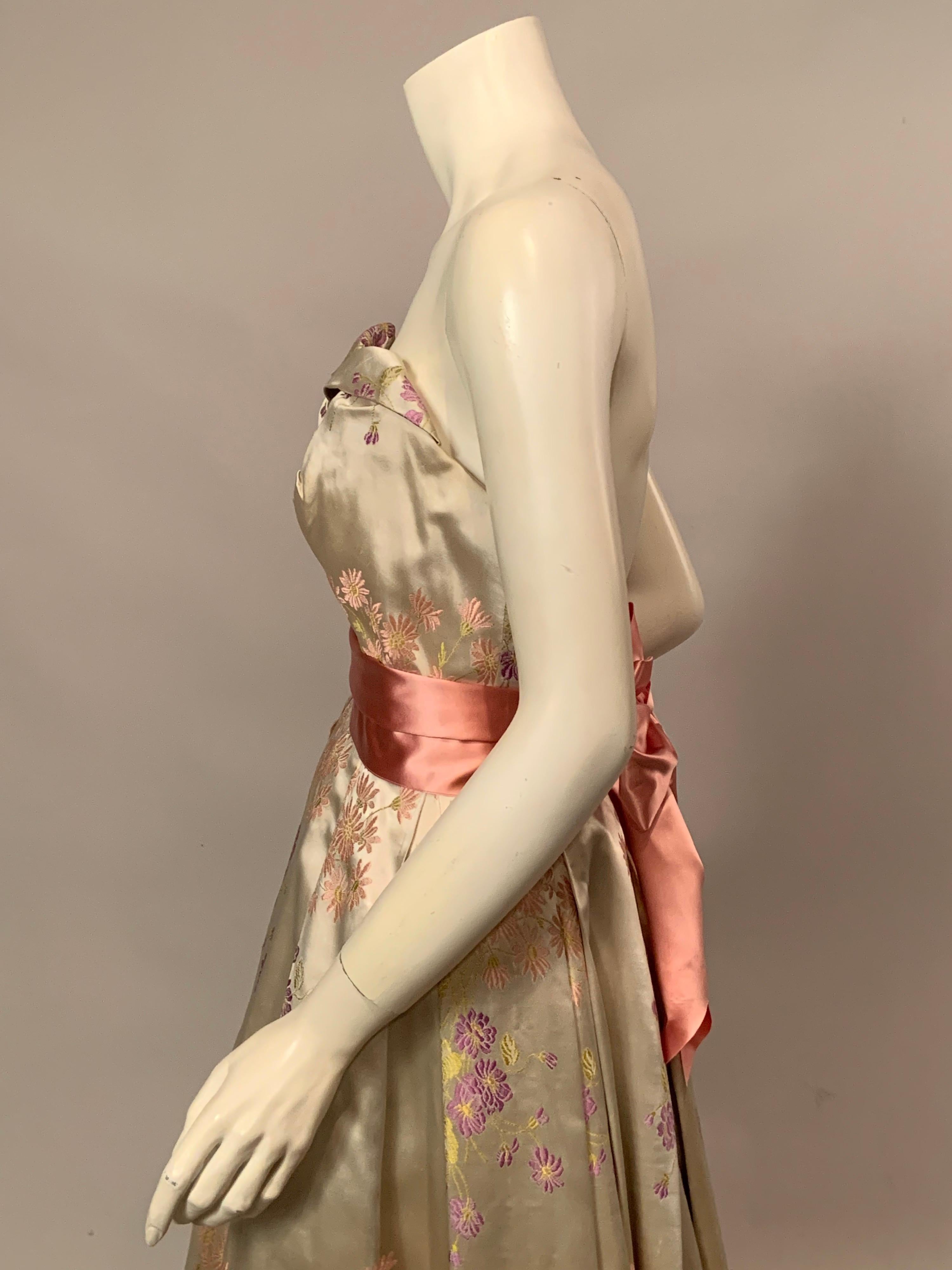 Brunot Souers, Cannes France Woven Floral Silk Satin Evening Gown circa 1950 6
