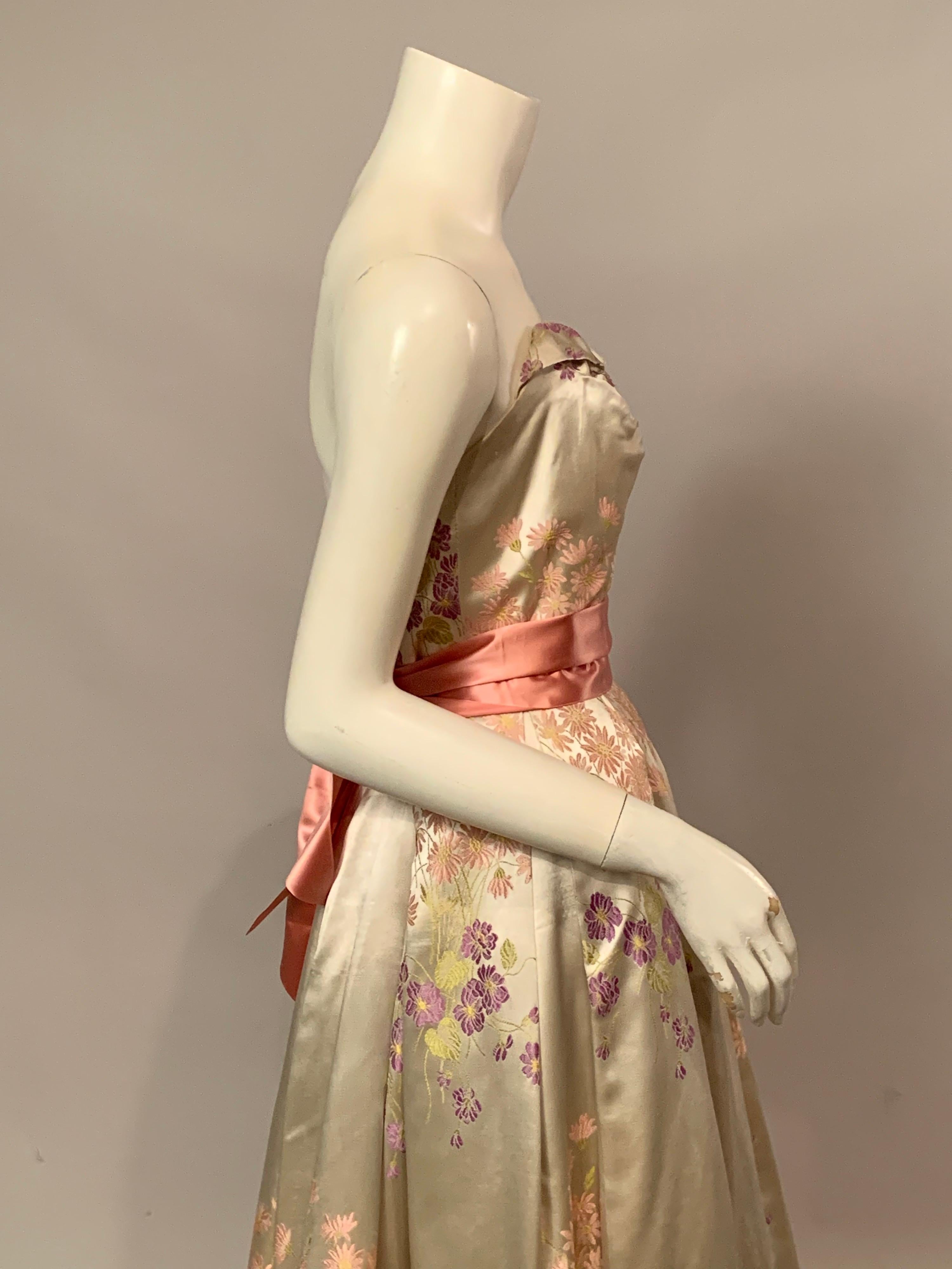 Brunot Souers, Cannes France Woven Floral Silk Satin Evening Gown circa 1950 1