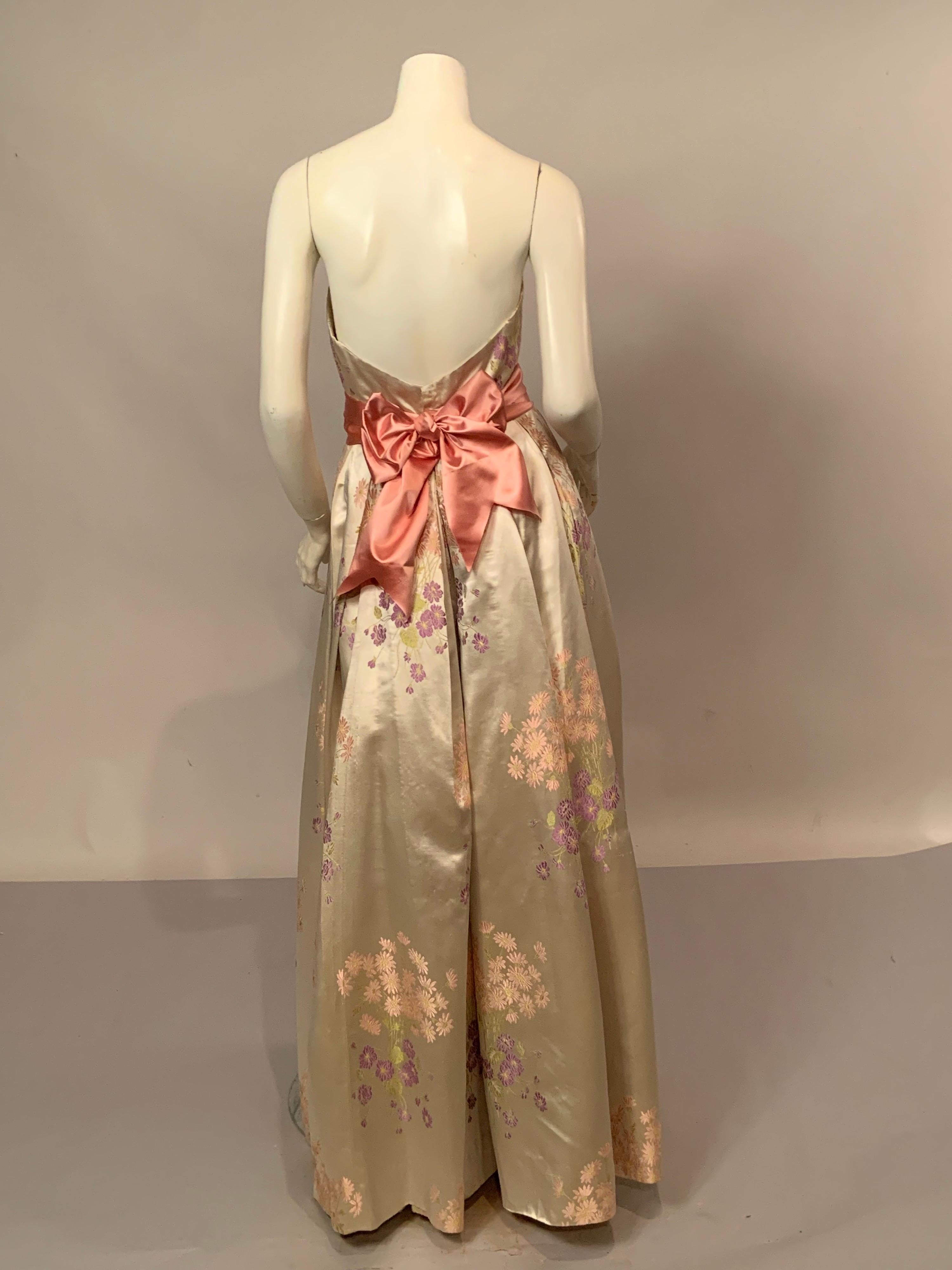 Brunot Souers, Cannes France Woven Floral Silk Satin Evening Gown circa 1950 2