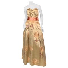 france gown Brunot Souers, Cannes France Woven Floral Silk Satin Evening Gown circa 1950
