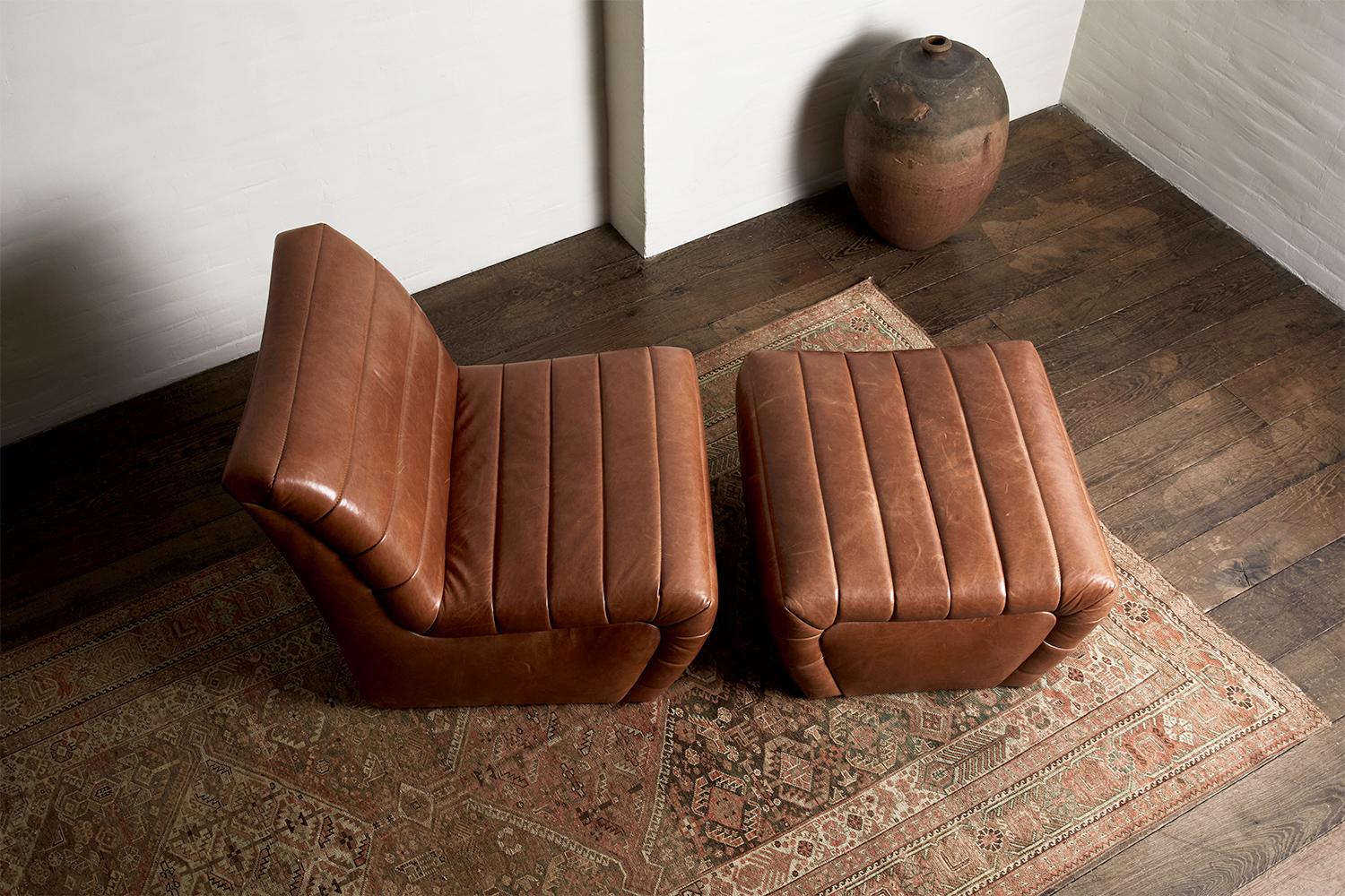 Brunoy Leather Ottoman by Christiane Lemieux For Sale 1