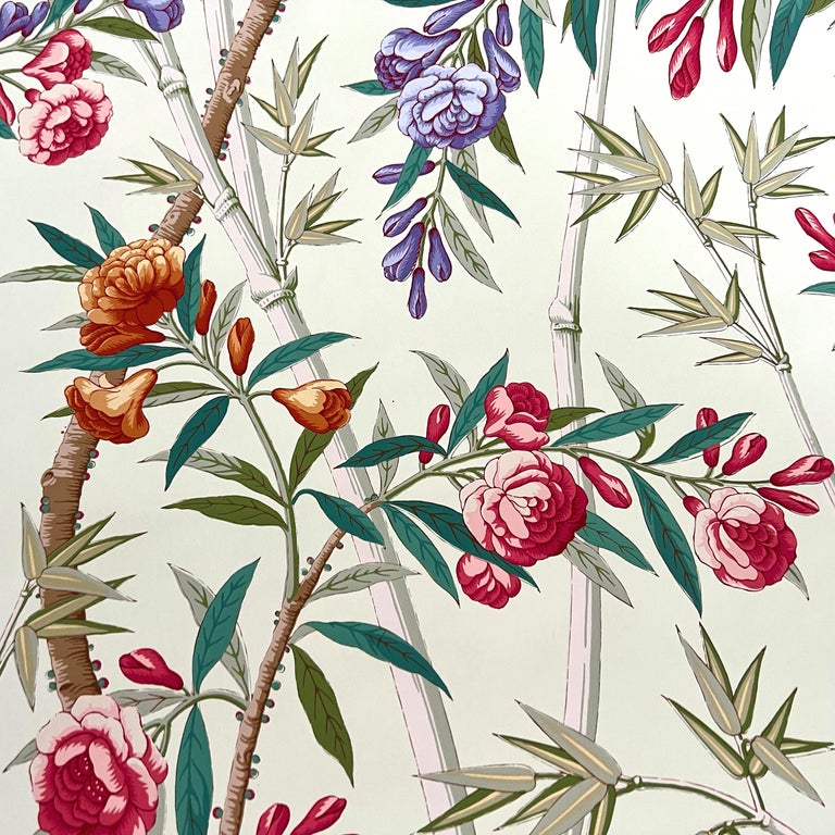 Brunschwig and Fils Bamboo Grove Handprinted Floral Wallpaper, Celadon Cream USA For Sale 2