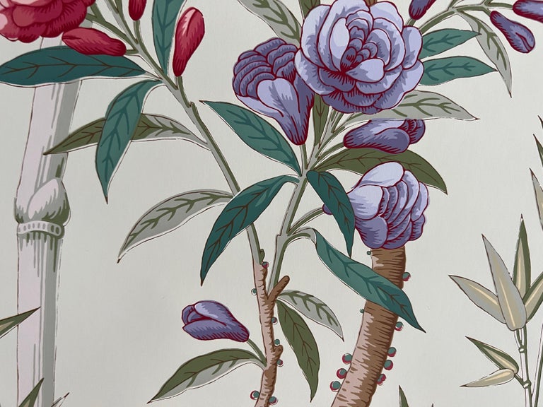 Brunschwig and Fils bamboo grove handprinted floral wallpaper, Celadon Cream, USA. Listing is for a triple roll (15 yards x 36”). Gorgeous chinoiserie print. No longer in production.