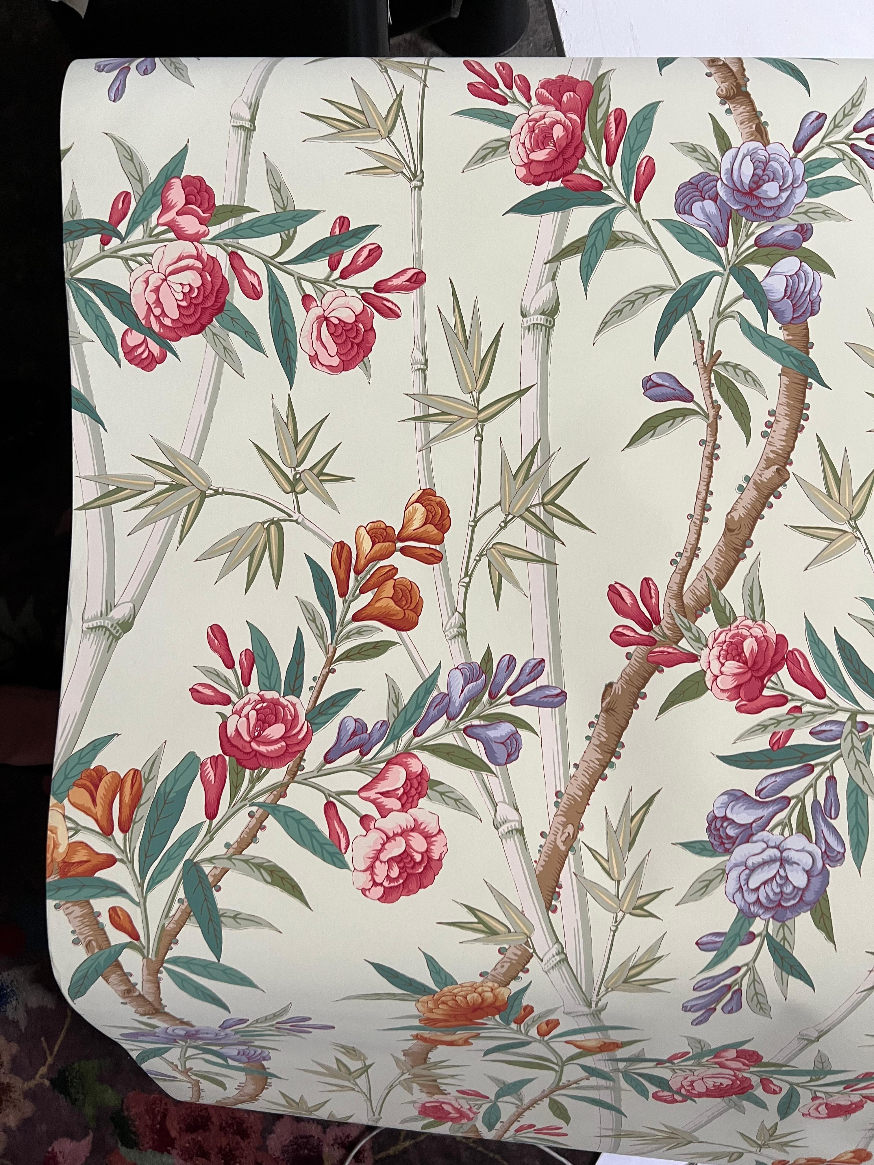 Chinoiserie Brunschwig and Fils Bamboo Grove Handprinted Floral Wallpaper, Celadon Cream USA For Sale