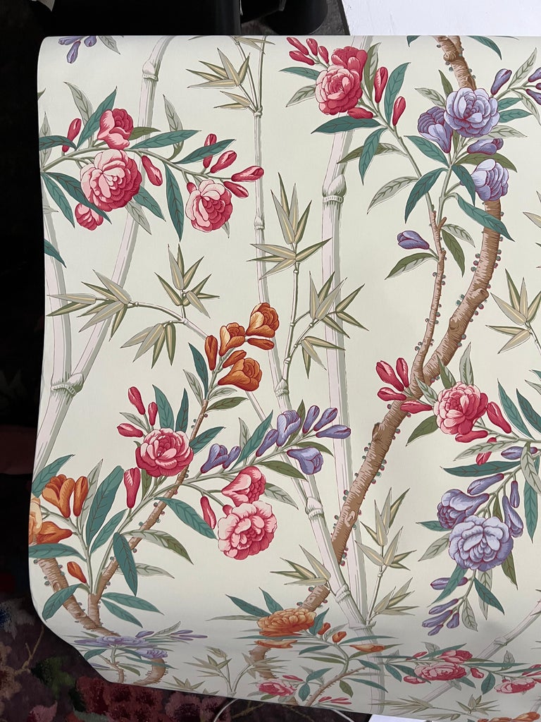 American Brunschwig and Fils Bamboo Grove Handprinted Floral Wallpaper, Celadon Cream USA For Sale