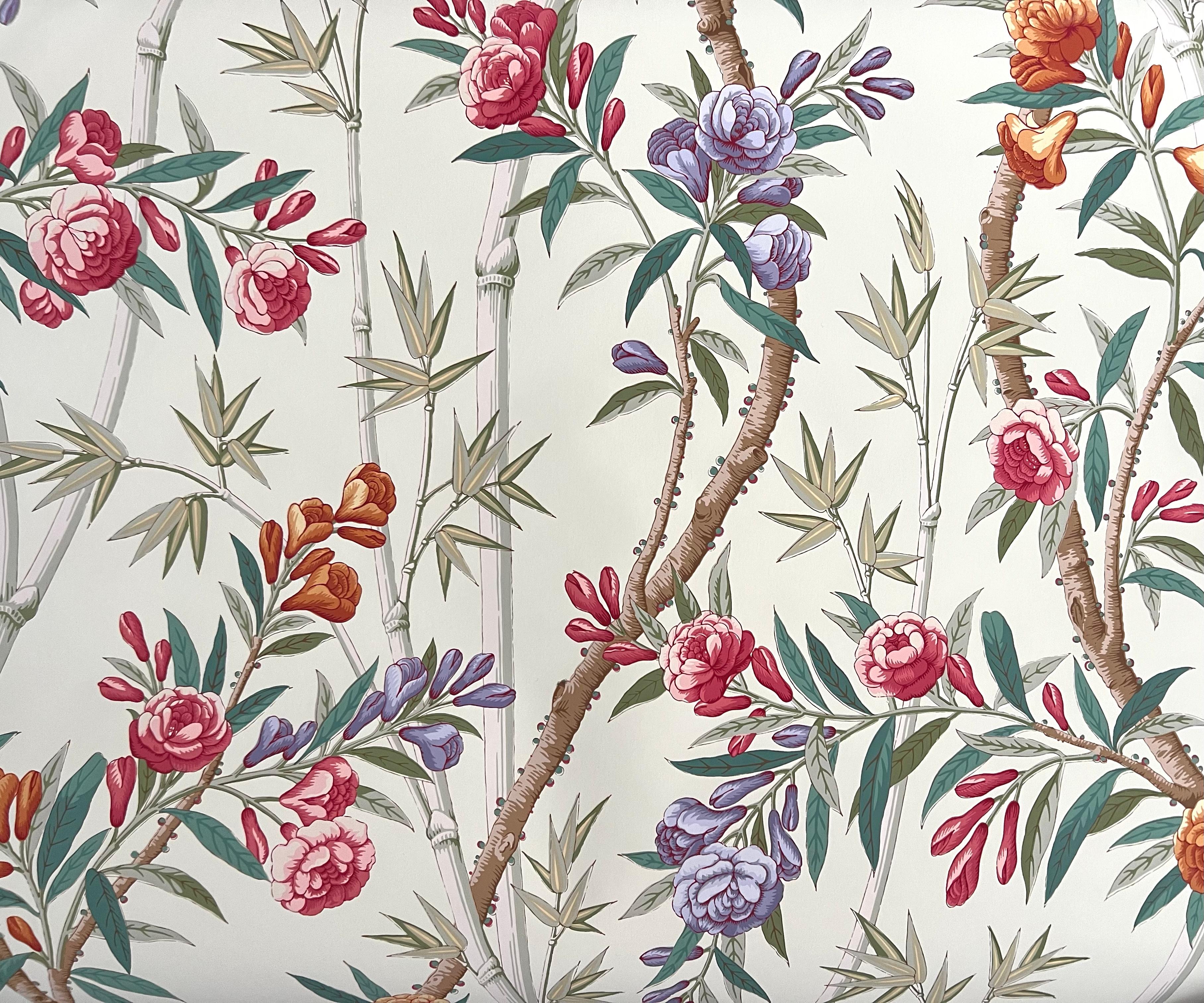 American Brunschwig and Fils Bamboo Grove Handprinted Floral Wallpaper, Celadon Cream USA For Sale