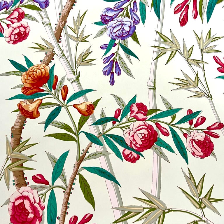 Brunschwig and Fils Bamboo Grove Handprinted Floral Wallpaper, Celadon Cream USA