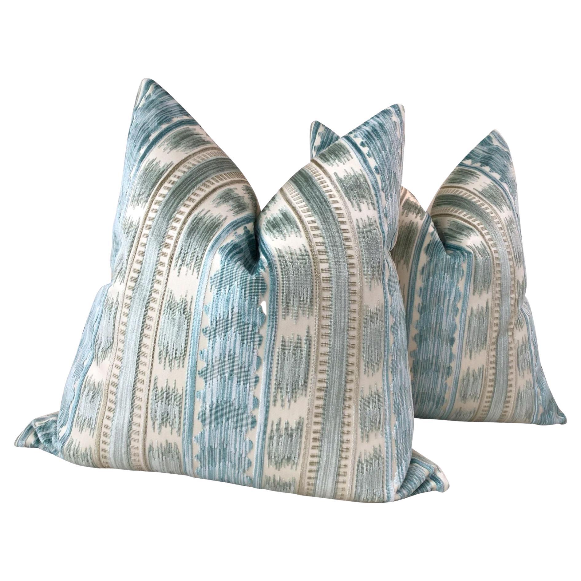 Brunschwig and Fils "Bayeaux" Velvet in Aqua Pillows- a Pair For Sale