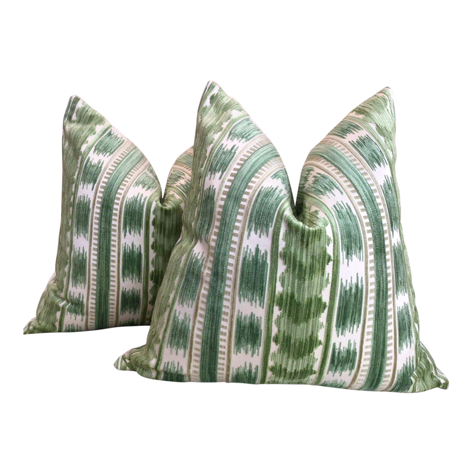 Brunschwig & Fils "Bayeaux Velvet" in Fern Green 22" Down-Filled Pillows- a Pair