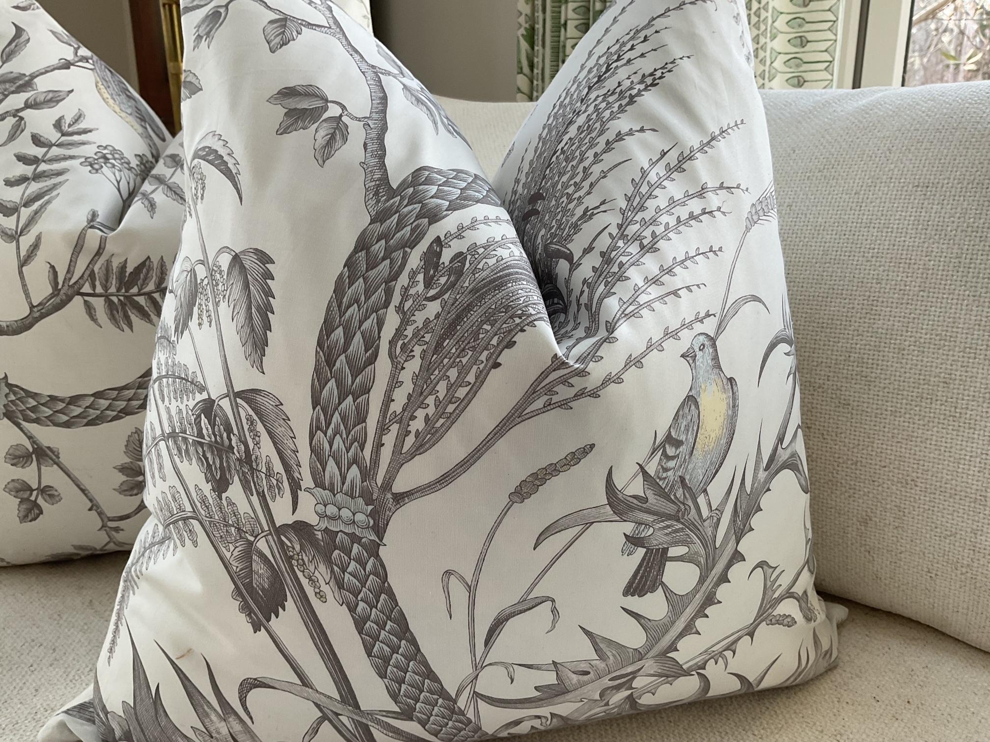 North American Brunschwig and Fils Bird and Thistle in Gray Pillows - a Pair For Sale