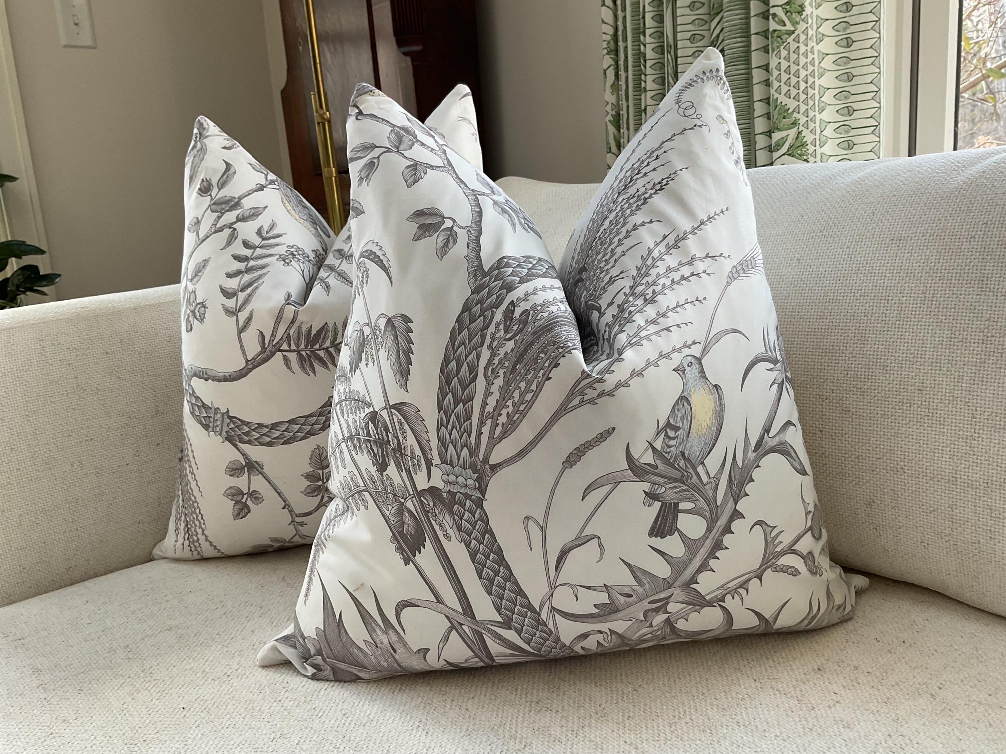 Brunschwig and Fils Bird and Thistle in Gray Pillows - a Pair In New Condition For Sale In Winder, GA
