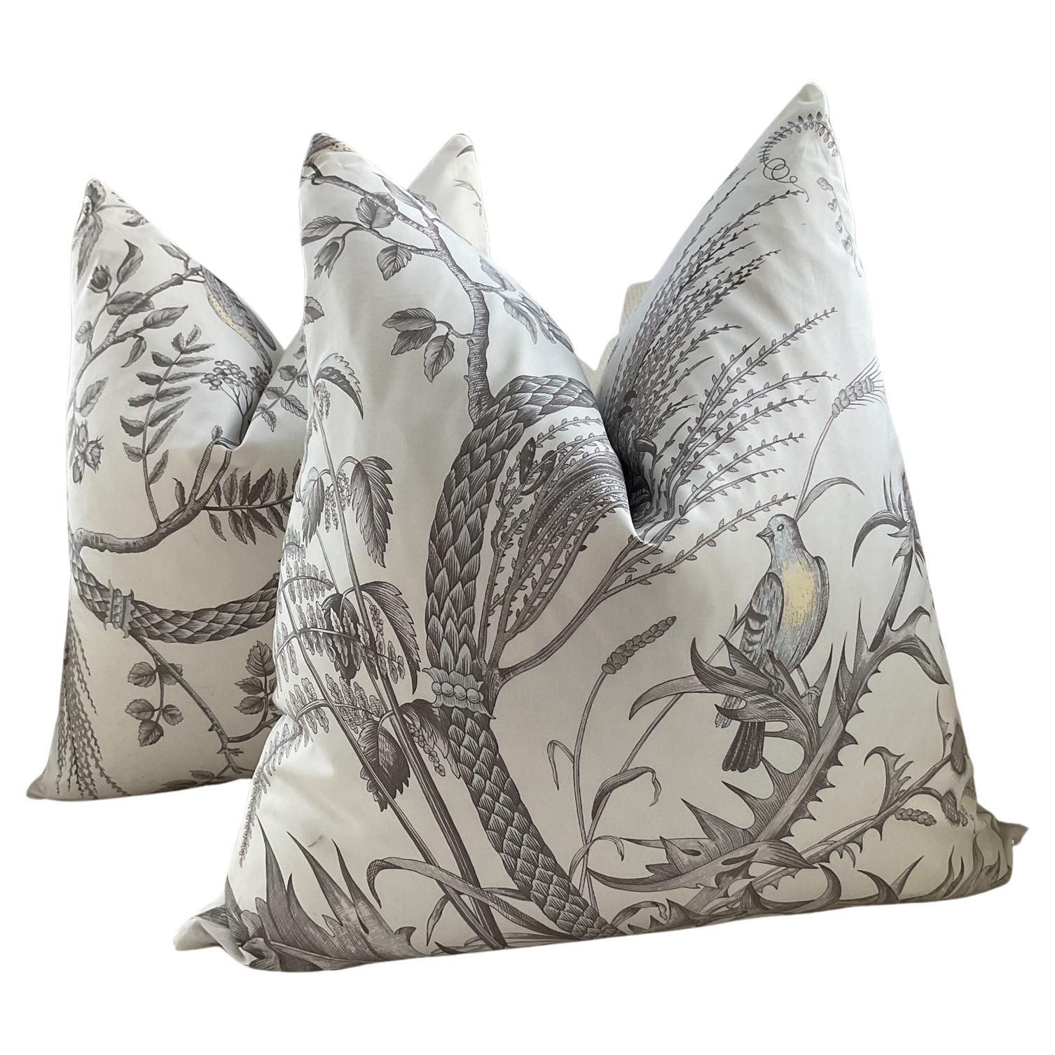 Brunschwig and Fils Bird and Thistle in Gray Pillows - a Pair For Sale