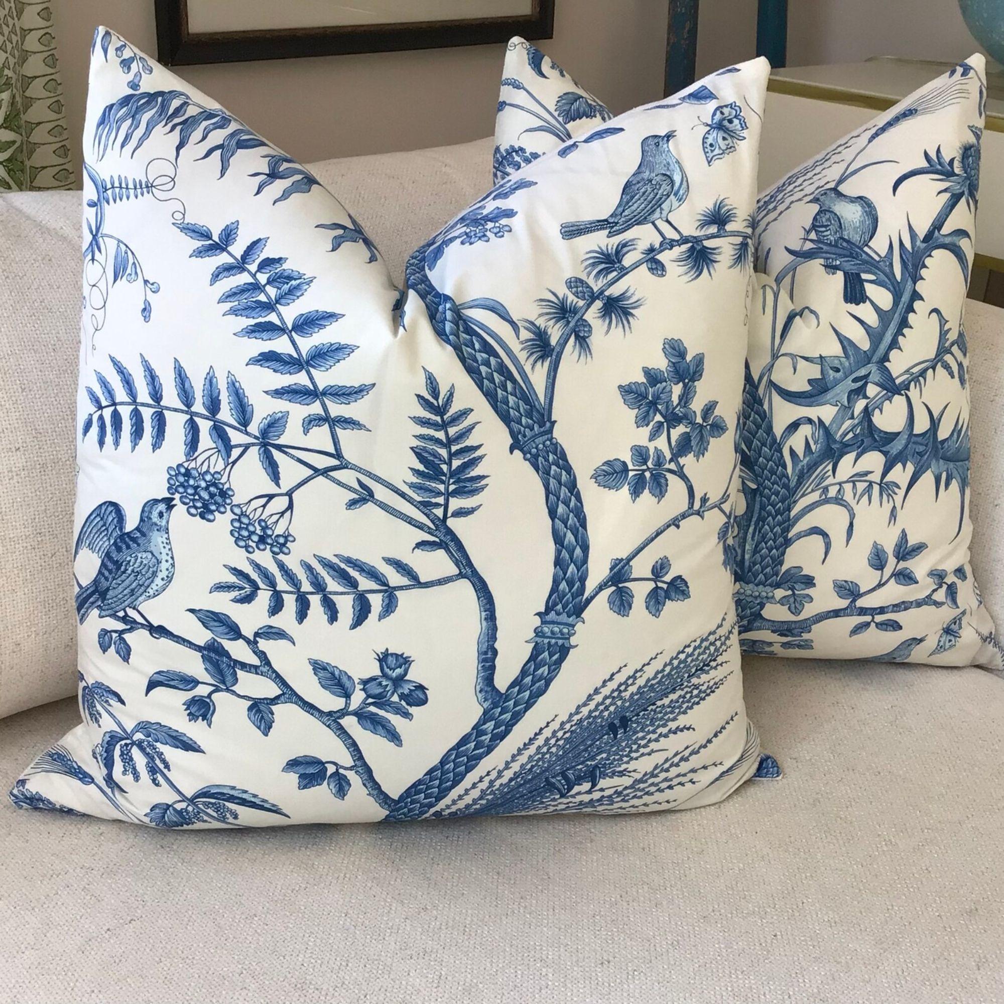 Made from a classic fabric from Brunschwig and Fils-Bird and Thistle is one of those designs that stands the test of time, as evidenced by its inclusion in The Winterthur Museum Collection. In gorgeous blue on ivory, the scene features vines and