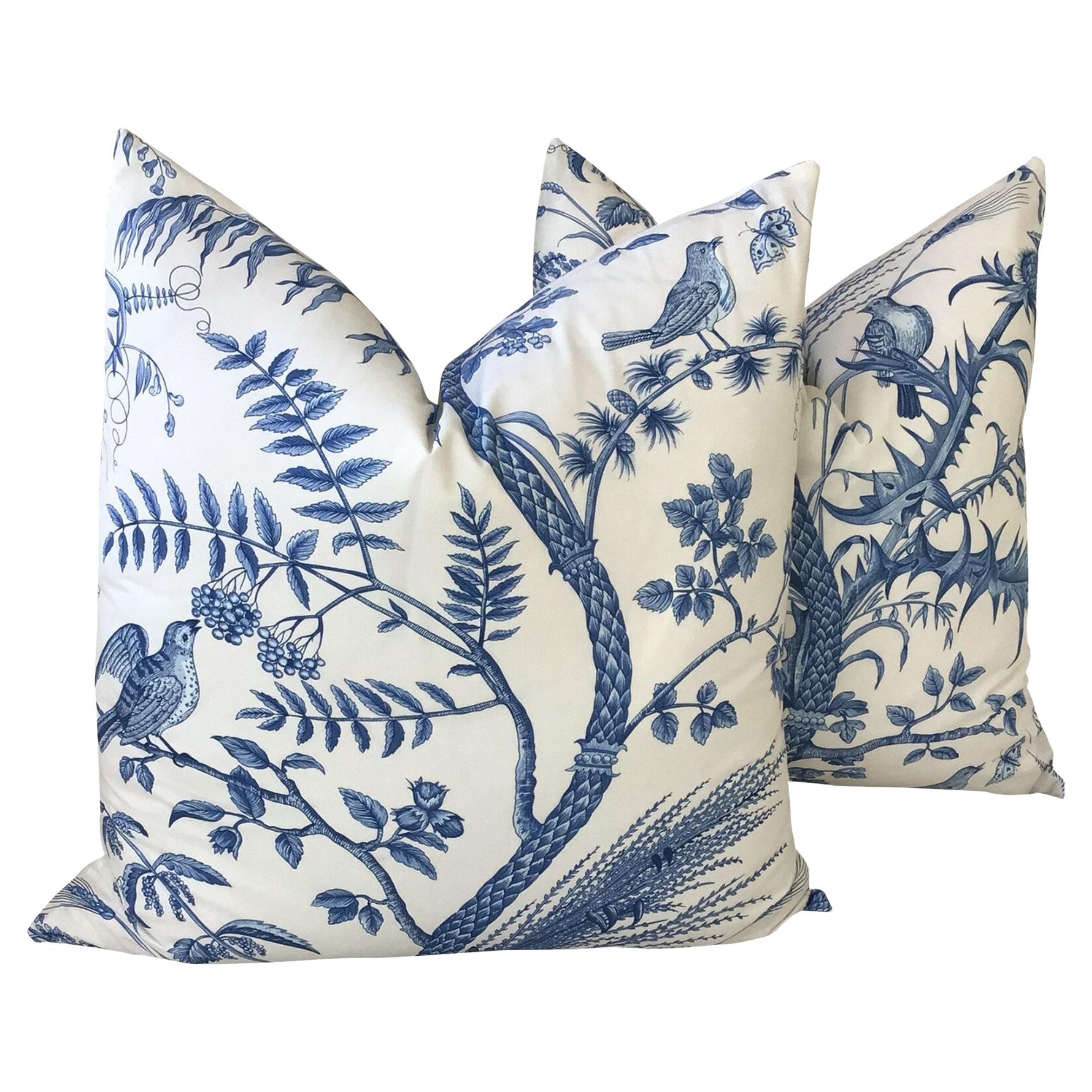 Brunschwig and Fils Bird and Thistle Pillows - A Pair For Sale