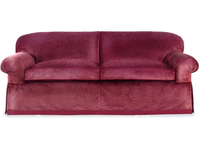 Brunschwig and Fils Cavendish Tight Back Raspberry Pink Red Velvet Sofa