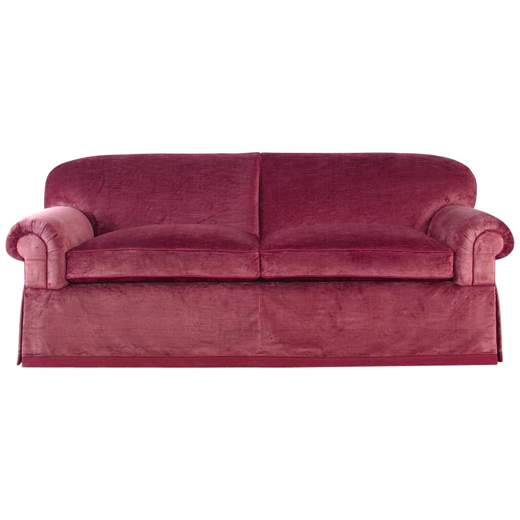 Brunschwig and Fils Cavendish Tight Back Raspberry Pink Red Velvet Sofa