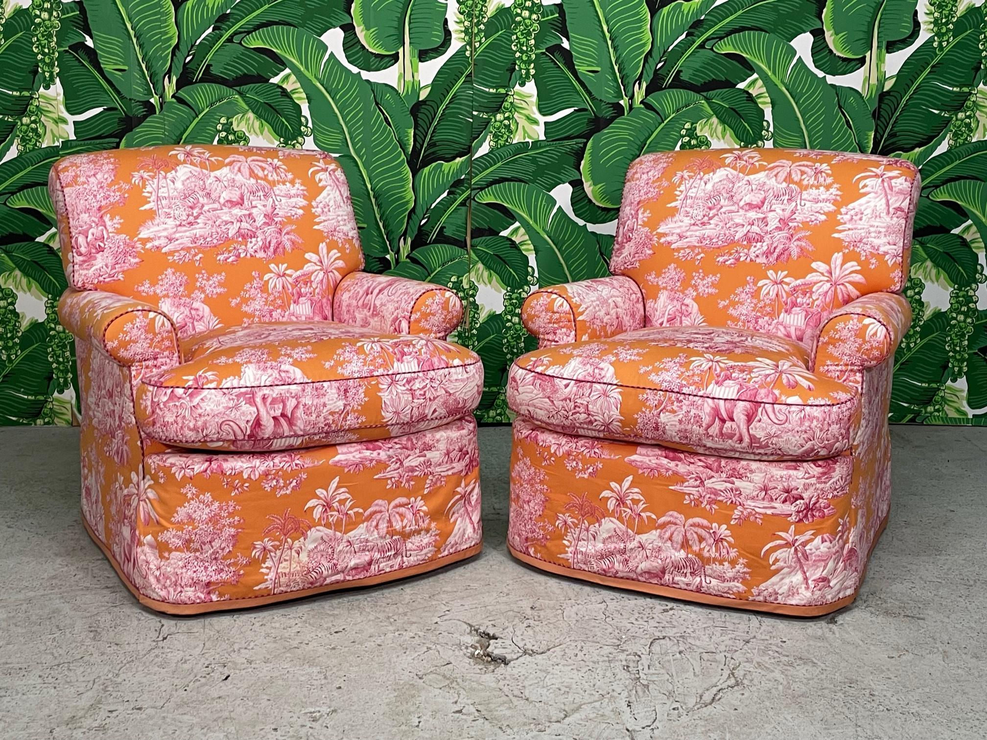 Pair of fully upholstered club chairs by Brunshwig & Fils feature down filled cushions and a bright chinoiserie print. Label no longer present, but we have the matching sofa (marked) also for sale.
Shipping to most of the continental US is $250 to