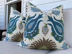 Brunschwig and Fils "Kashmiri" Blue, Teale, and Taupe 22" Down-Filled Pillows -