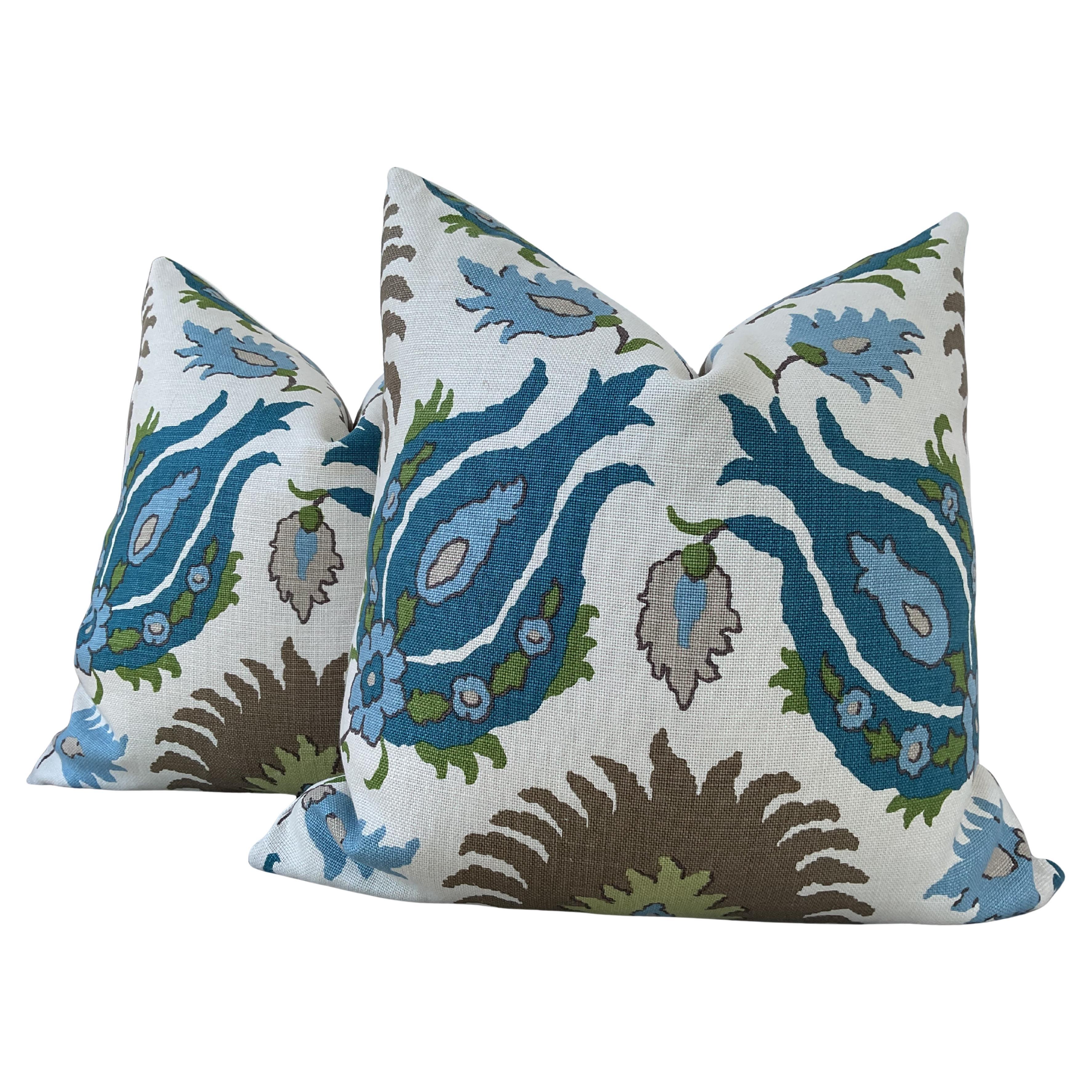 Brunschwig and Fils "Kashmiri" Blue, Teale, and Taupe 22" Down-Filled Pillows - For Sale