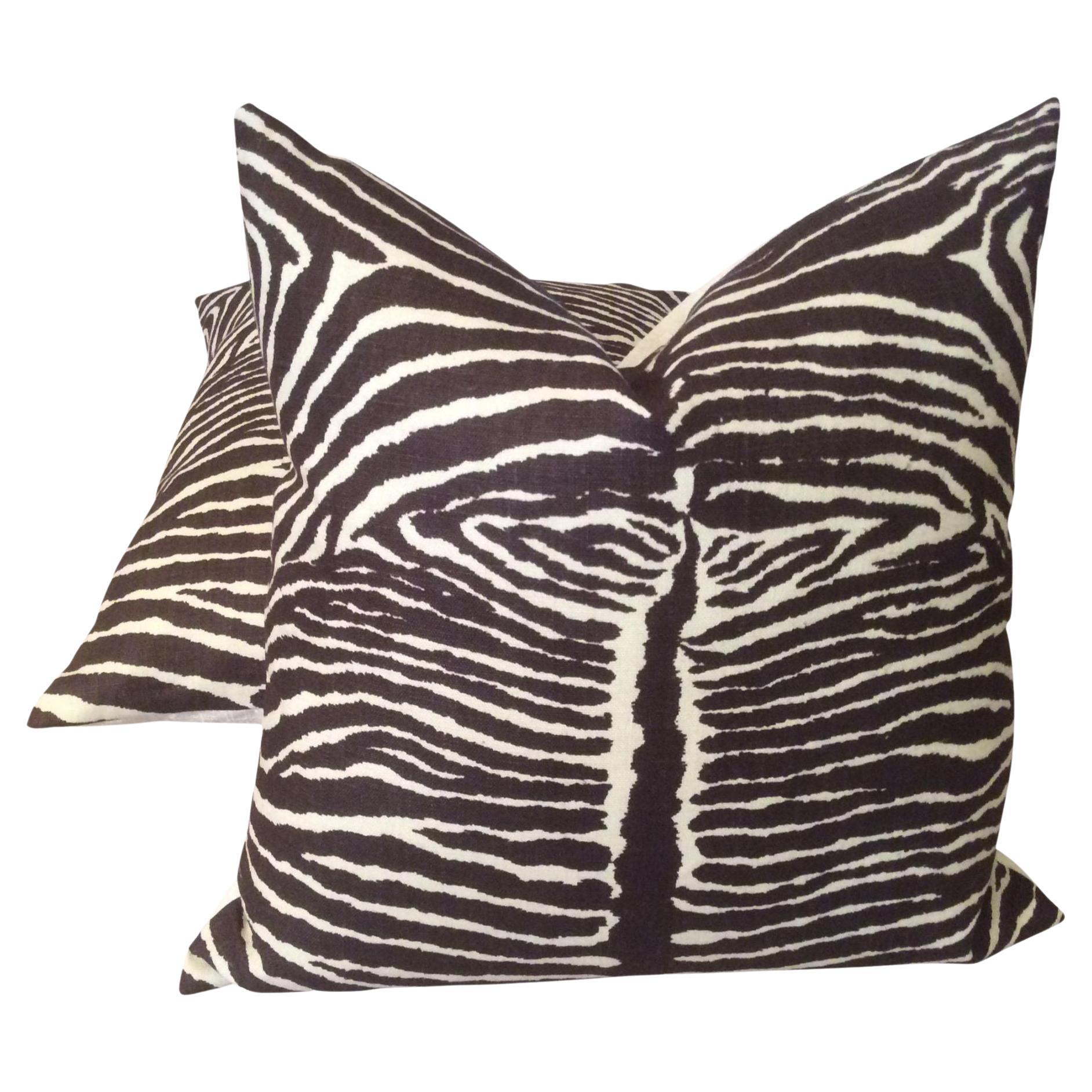 Brunschwig and Fils "Le Zebre"charcoal Brown & Off-White Pillows - a Pair For Sale