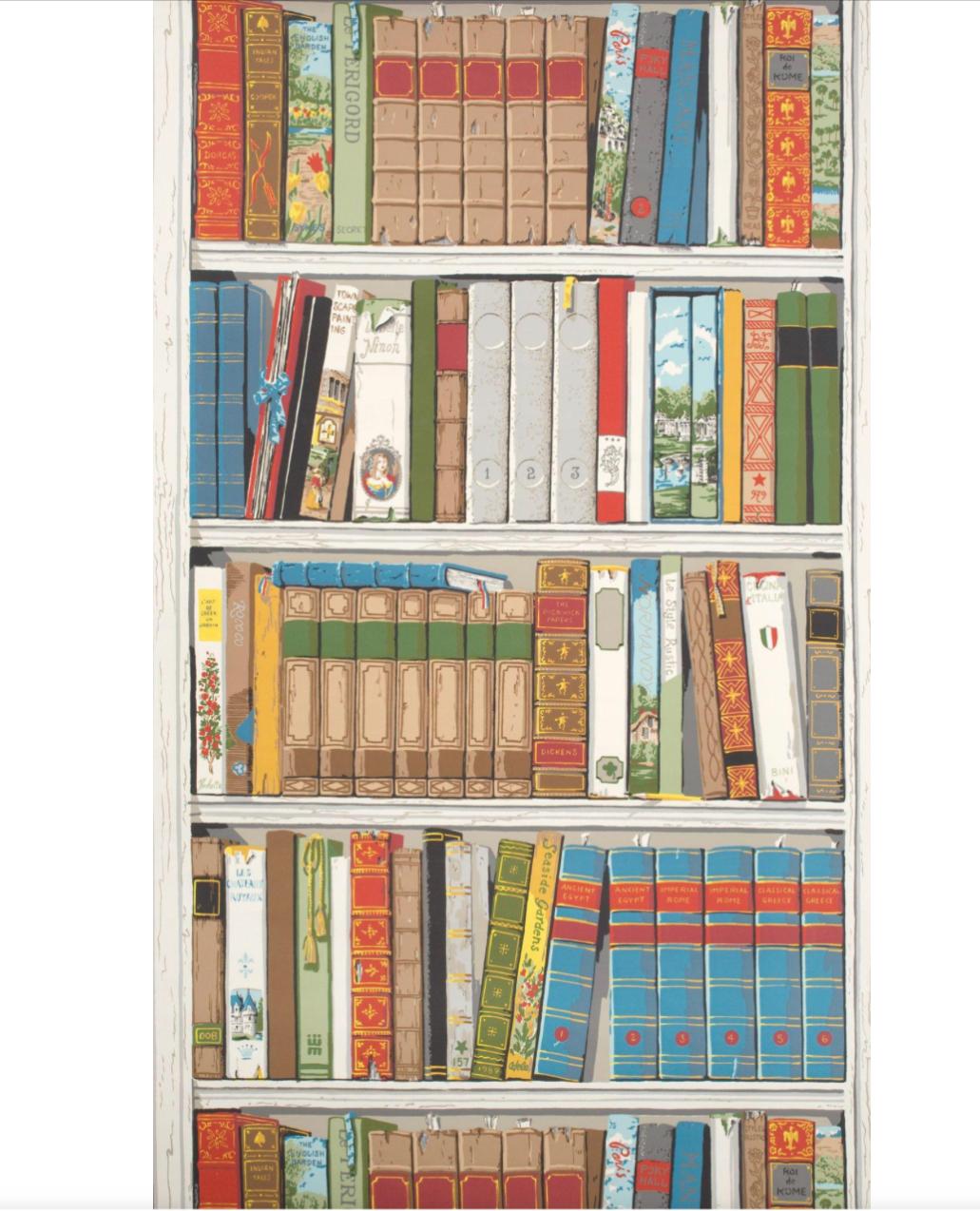 Brunschwig and Fils Les Biblioteques multi-color library hand-printed wallpaper. Gorgeous, colorful modernist take on the troupe l’oeil tradition. MSRP for a double roll: 1726.20 USD

Measures: Repeat vertical 41.5”
Repeat horizontal