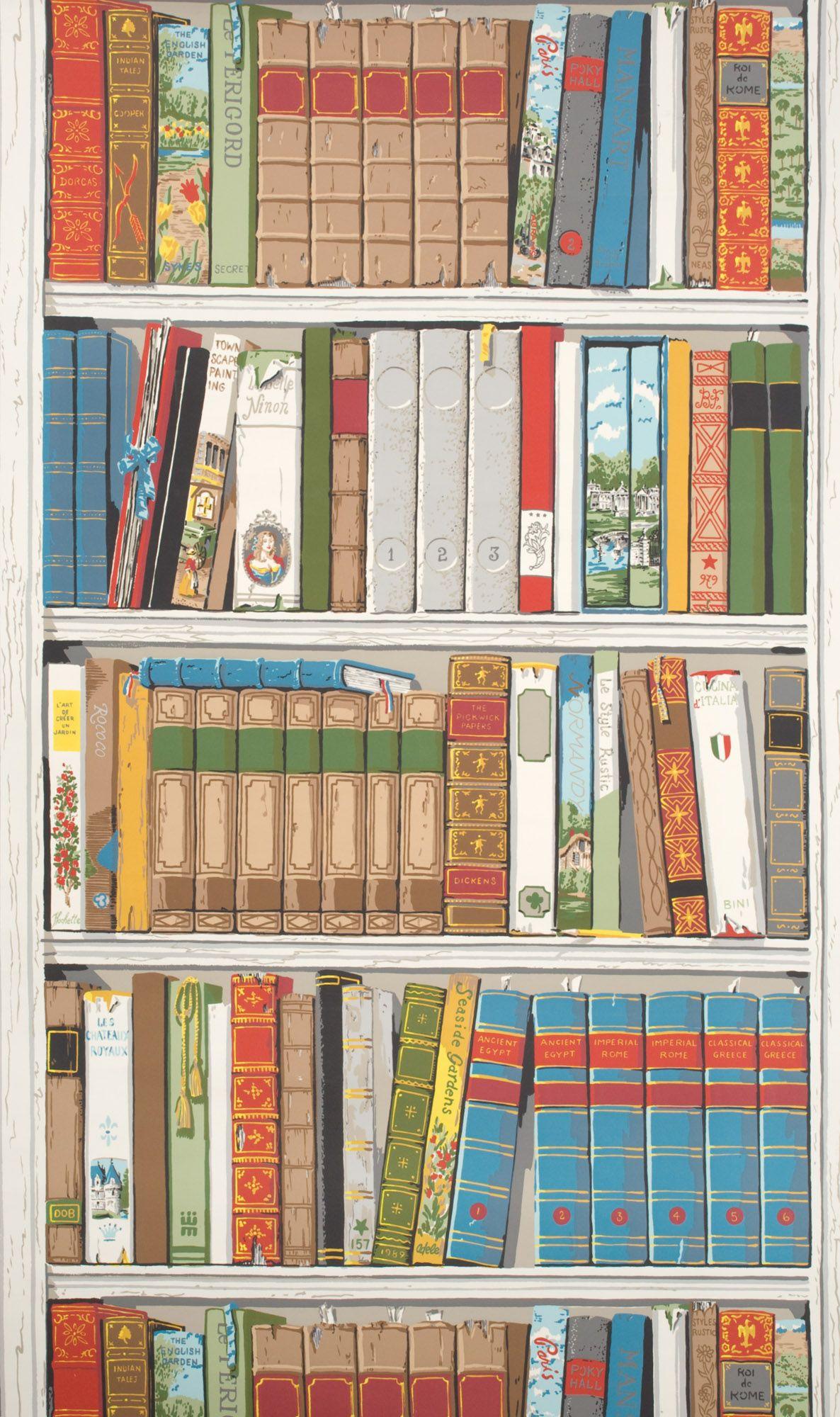 Modern Brunschwig and Fils Les Biblioteques Multi Color Library Hand-Printed Wallpaper