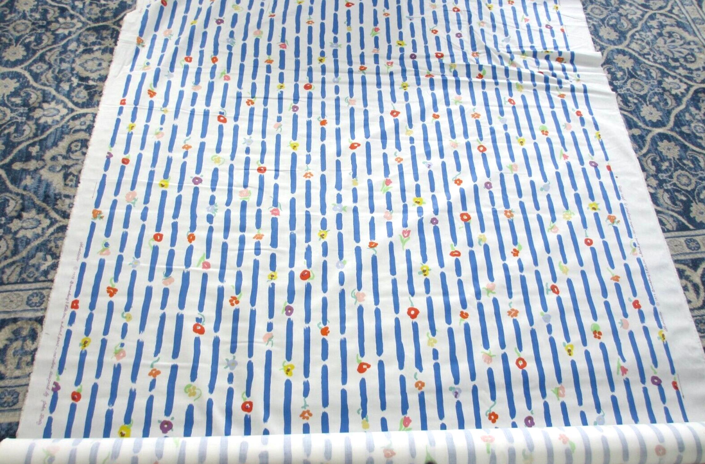 Rare Brunschwig and Fils Montecito Blue Stripe Floral textile by John Botz, 1979. Gorgeous abstracted take on classic blue pinstripe with floral accent. Appears to be cotton with slight sheen. Gorgeous, vibrant textile. A bit over 8 yards,