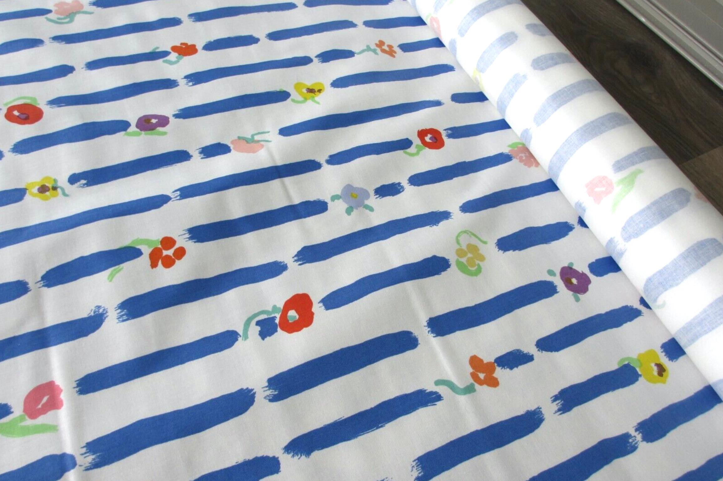 Post-Modern Brunschwig and Fils Montecito Blue Stripe Floral Textile by John Botz, 1979
