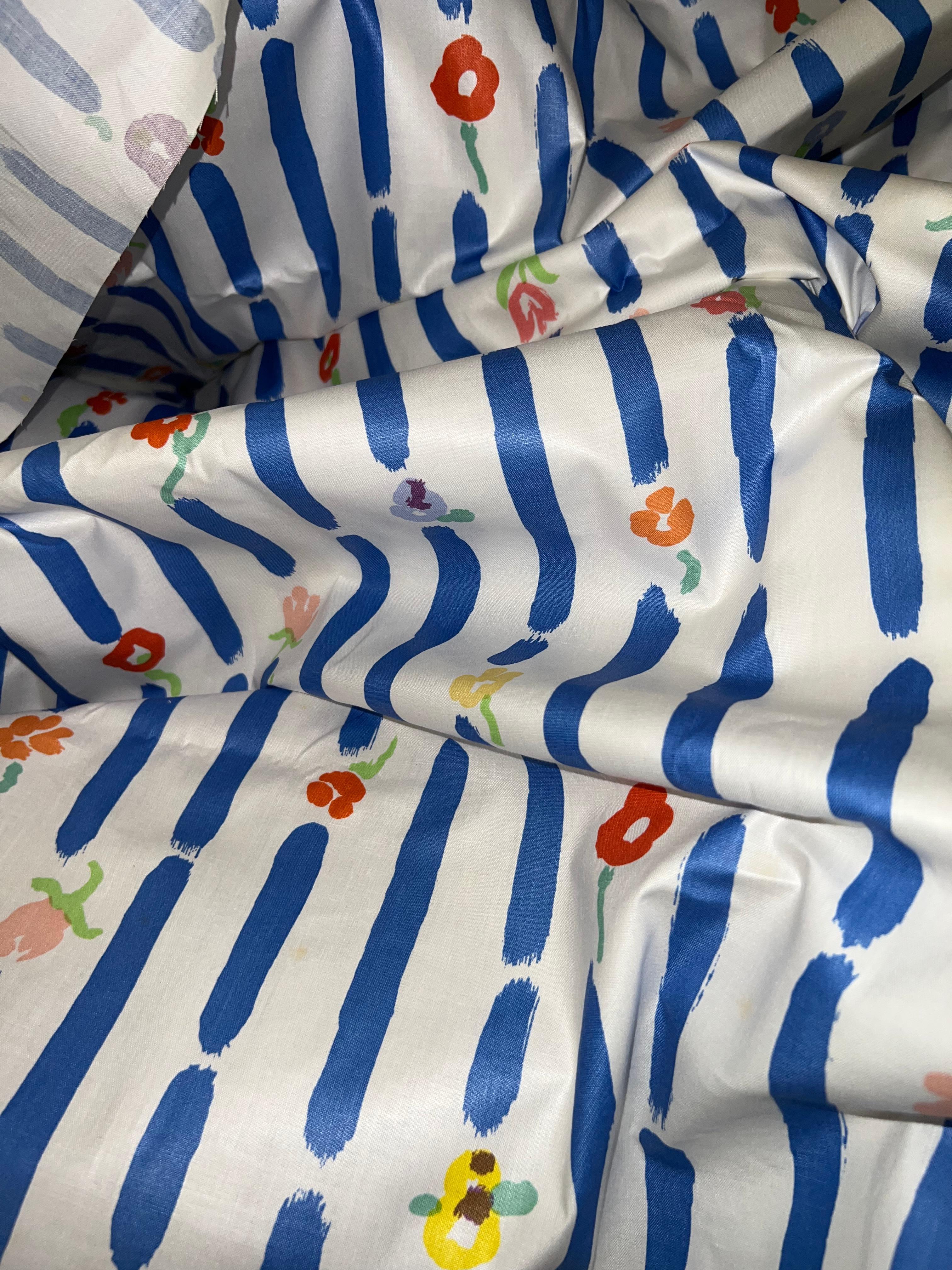 Brunschwig and Fils Montecito Blue Stripe Floral Textile by John Botz, 1979 In Good Condition For Sale In Brooklyn, NY