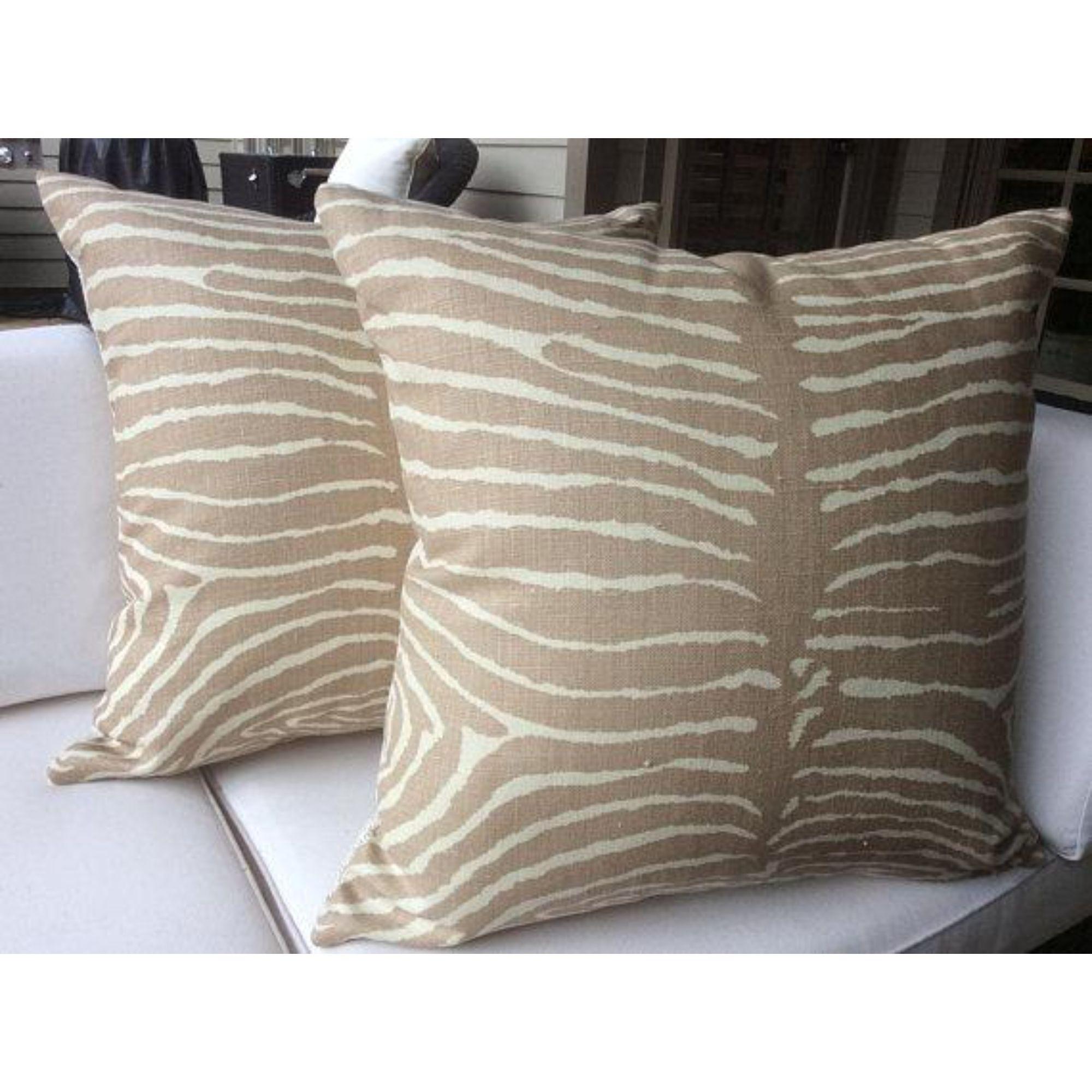 American Brunschwig and Fils “Pewter” Le Zebre Tan Pillows - a Pair For Sale
